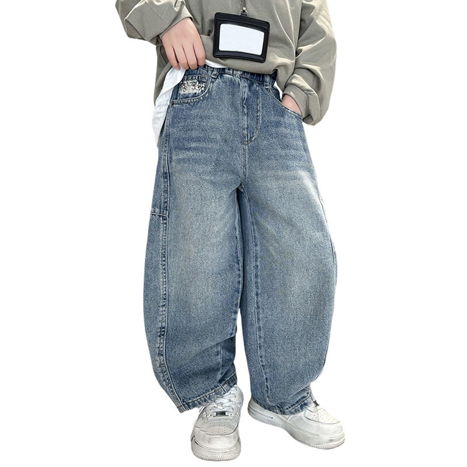 Générique Jeans GarçOn Enfants,Baggy Jeans GarçOn Enfants Avec Ceinture ÉLastique Boys Pants Denim Confortable Mode Streetwear DéContracté Couleur Unie - Style Urbain, Jean Bleu Garcon 6 Ans