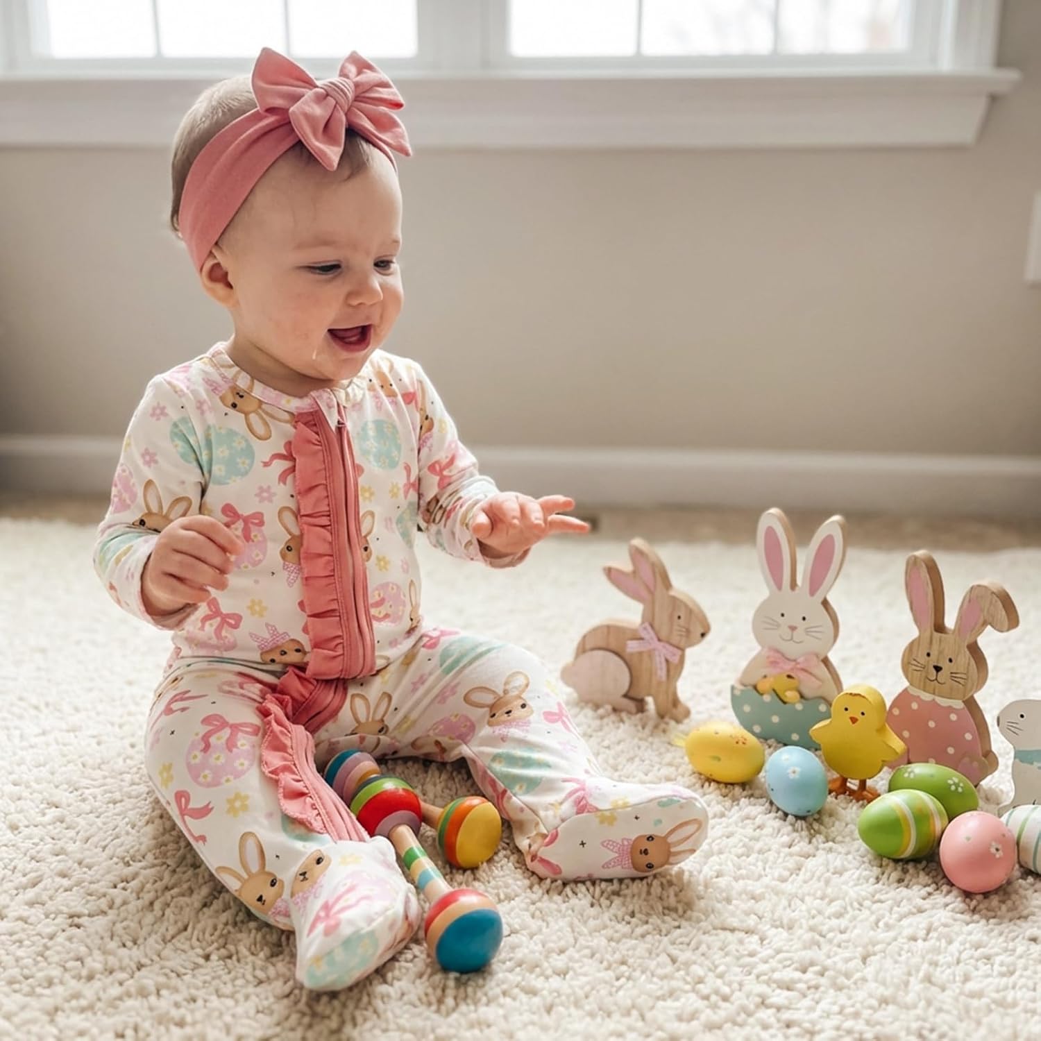 Lamuusaa Newborn Baby Girl Easter Outfit Bunny Bow Print Footie Romper Ruffle Bodysuit Zipper Jumpsuit Headband 0-18M - Image 2