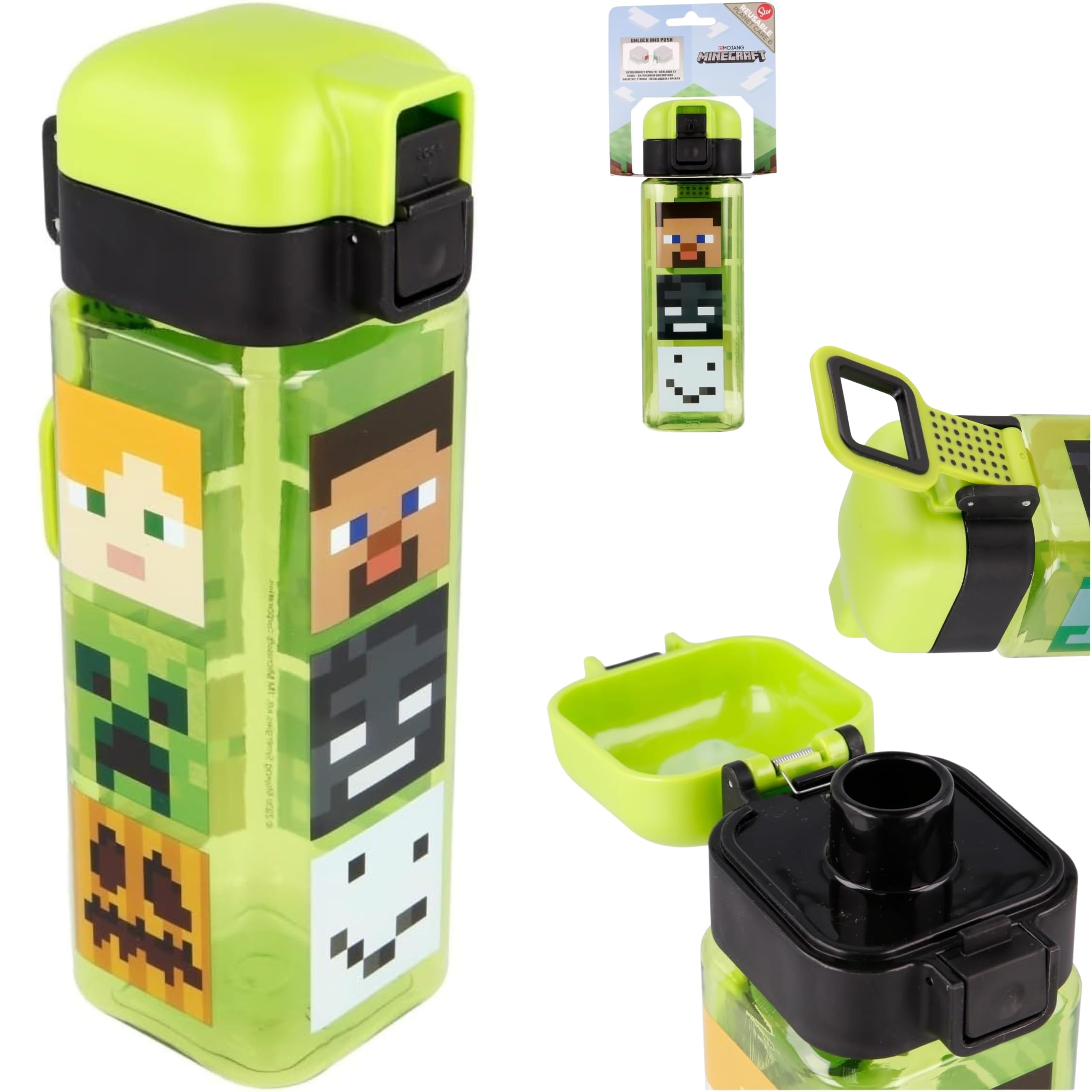 Hovuk Boys Minecraft Kids Water Bottle 550Ml – Square Bpa-Free Drinking Bottle With Safety Lock & Push Button Lid – Leakproof Cartoon Water Bottle For & Girls, School, Sports & Travel (4+ Years)