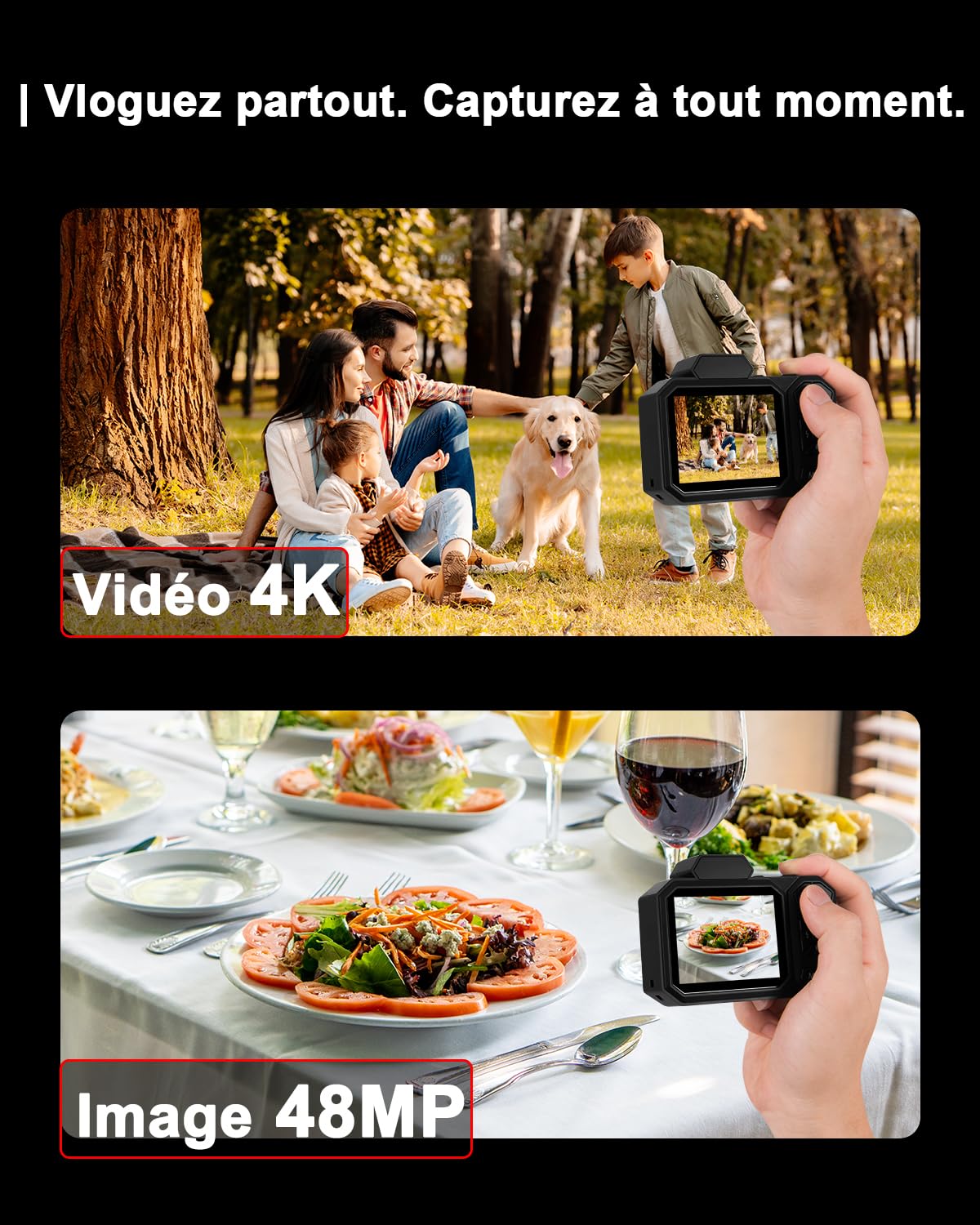 Appareil Photo Numérique, 4K Camera Vlog avec Carte De 64 Go, Autofocus 48MP, Zoom 12X, Flash Et Anti-Vibrations, Appareil Photo Compact, Digital Camera pour Adulte Étudiant et Adolescents