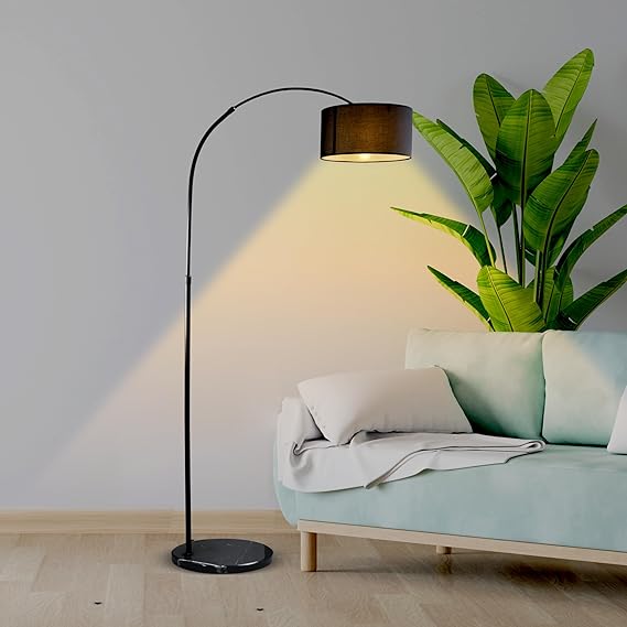 Prisha lights Vincent Modern Classic Design Floor Lamp Black Italian Marble Base for Living Room, Modern Standing Lamp with Black Jute Lampshade + 3 Color LED Bulb Included