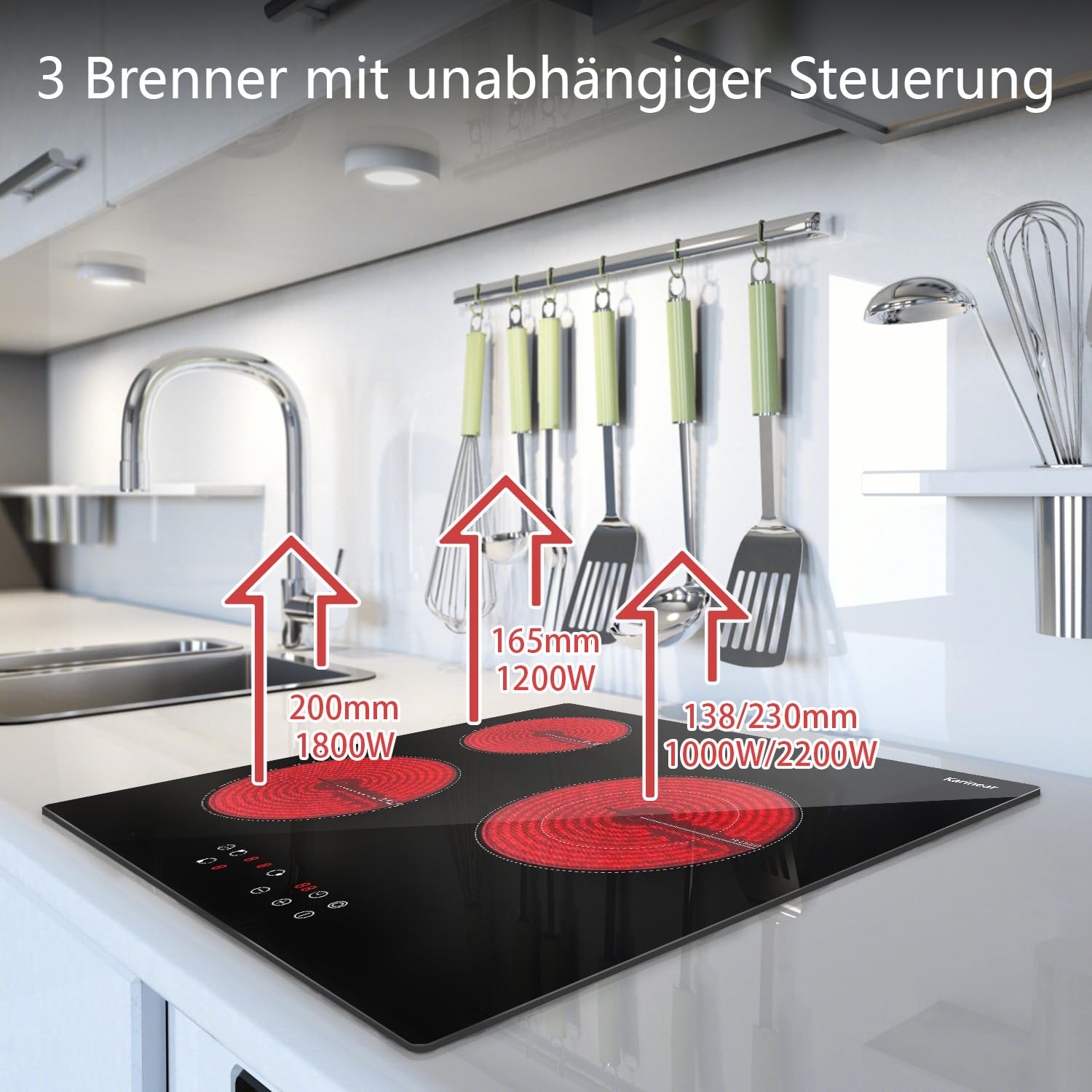 Karinear Glaskeramikkochfeld 3 Platten, 5200W, Autarkes Kochfeld 60 cm, Herdplatte 3 Kochfelder, Sicherheitsschloss, Timer, Touch-Bedienung, 9 Heizstufen, Flexibler Außenbereich, 240V