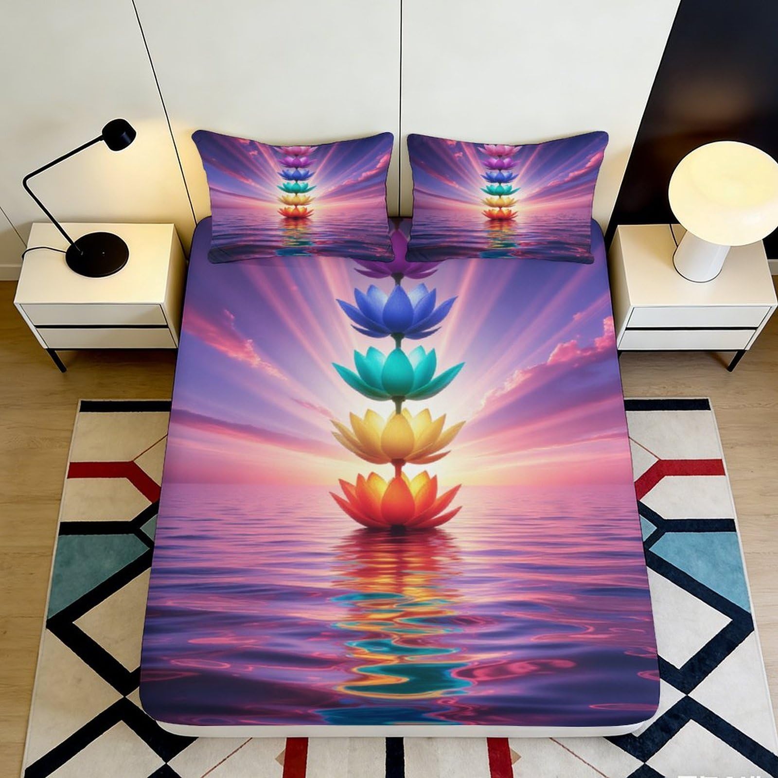 Pnayamiorkfel Style-8 3D Printed Chakra Lotus Fitted Sheet Microfiber Soft Water Sunset Bed Sheet For Bedroom Guest Room Decor 90X200x25cm