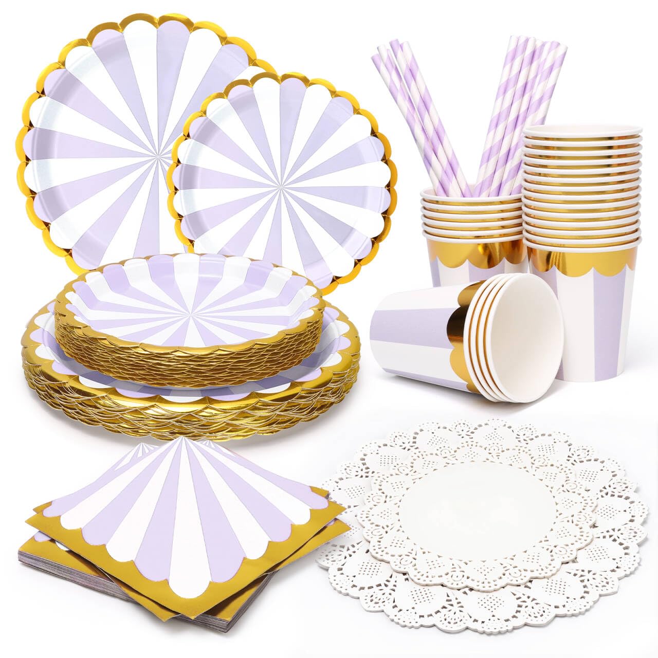 PARTY GO 170PC Purple Paper Plates Cups Napkins Straw, Paper Doilies