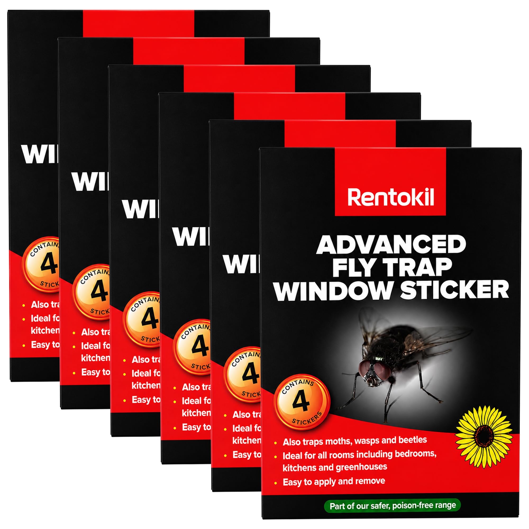 6 Pack Rentokil Advanced Fly Trap Window Stickers, Sticky Window Fly Catcher Traps for Home, Indoor Insect Traps for Flies Gnats Moths & Wasps, Easy Apply Adhesive Stickers
