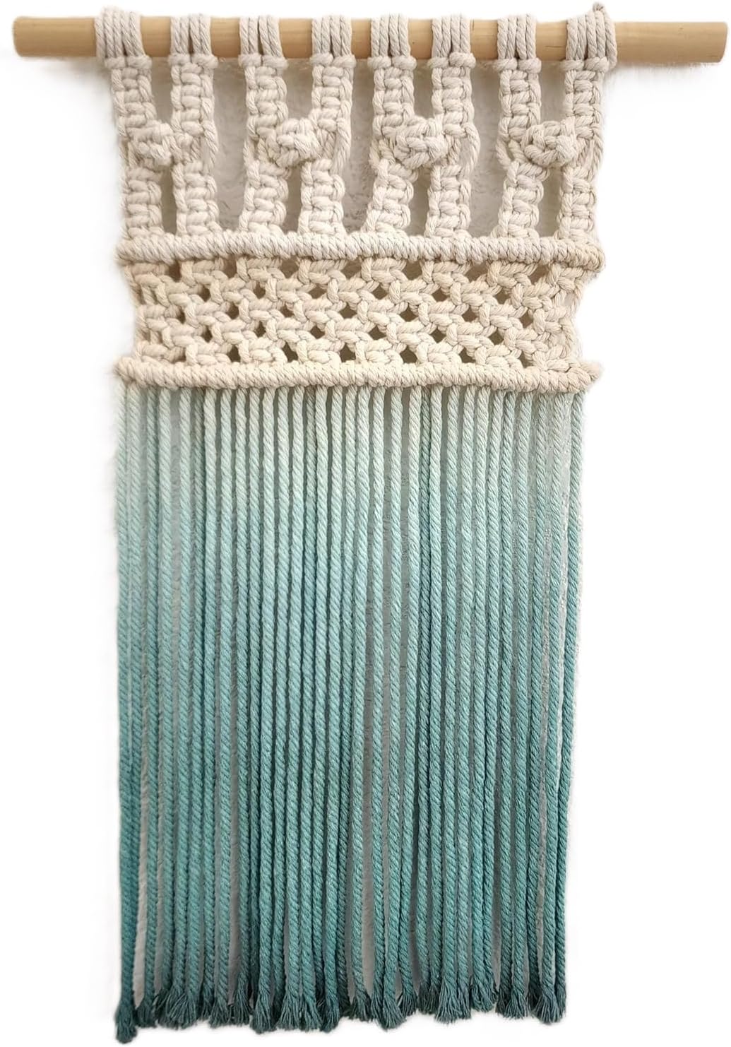 Ombre handmade Teal Macrame wall hanging, Bohemian Wall decor, Dip dyed wall tapestry, Beautiful natural cotton art piece with wooden dowel (Garden Green)