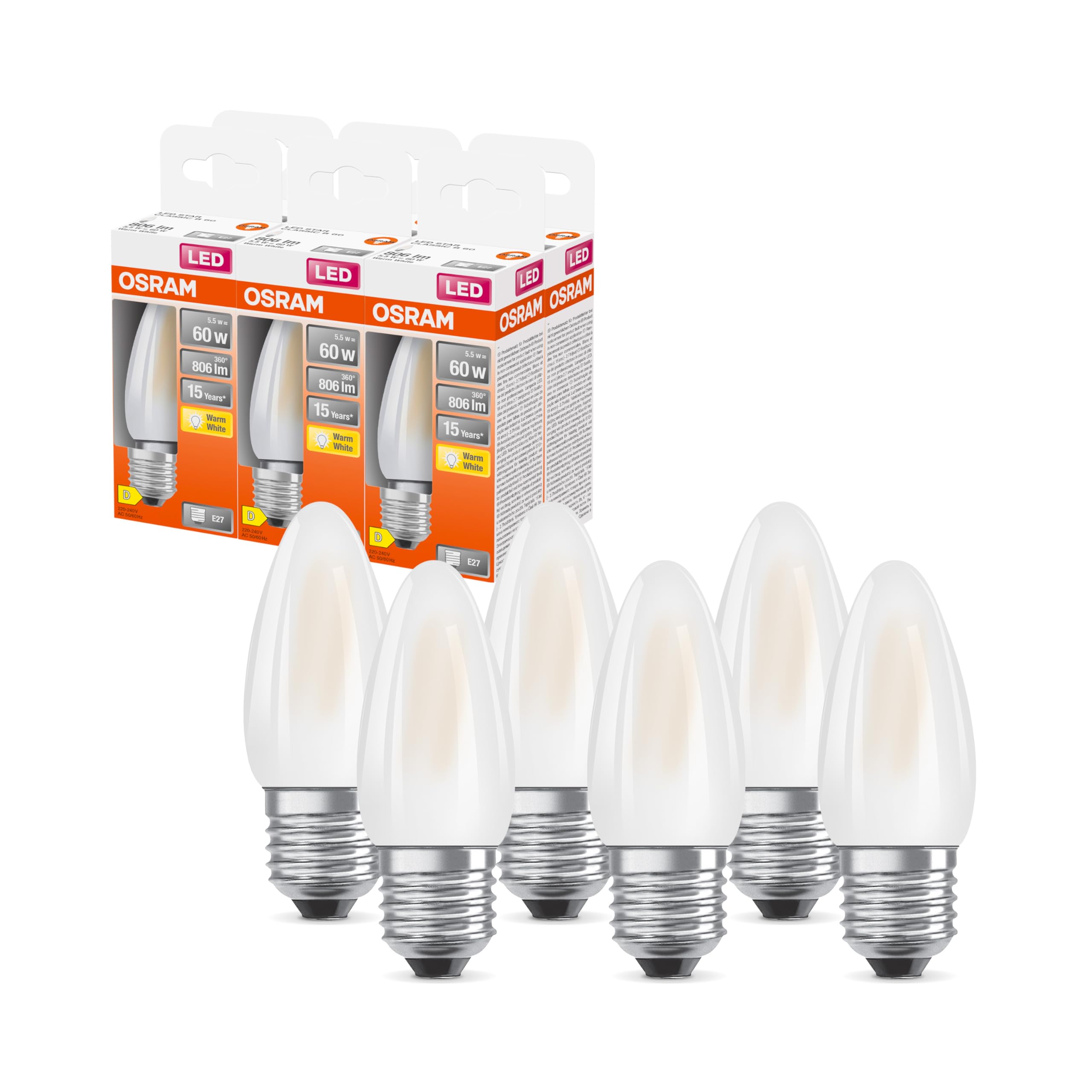 Osram LED Star Classic LED-Lampe in klassischer Minikerzenform, weiß, warmweißes Licht (2700 K) mit 5.5W / 806 lm, aus gefrostetem bleifreiem Glas, E27 Sockel, IP20, EEK D, 35mm DM,6-Pack