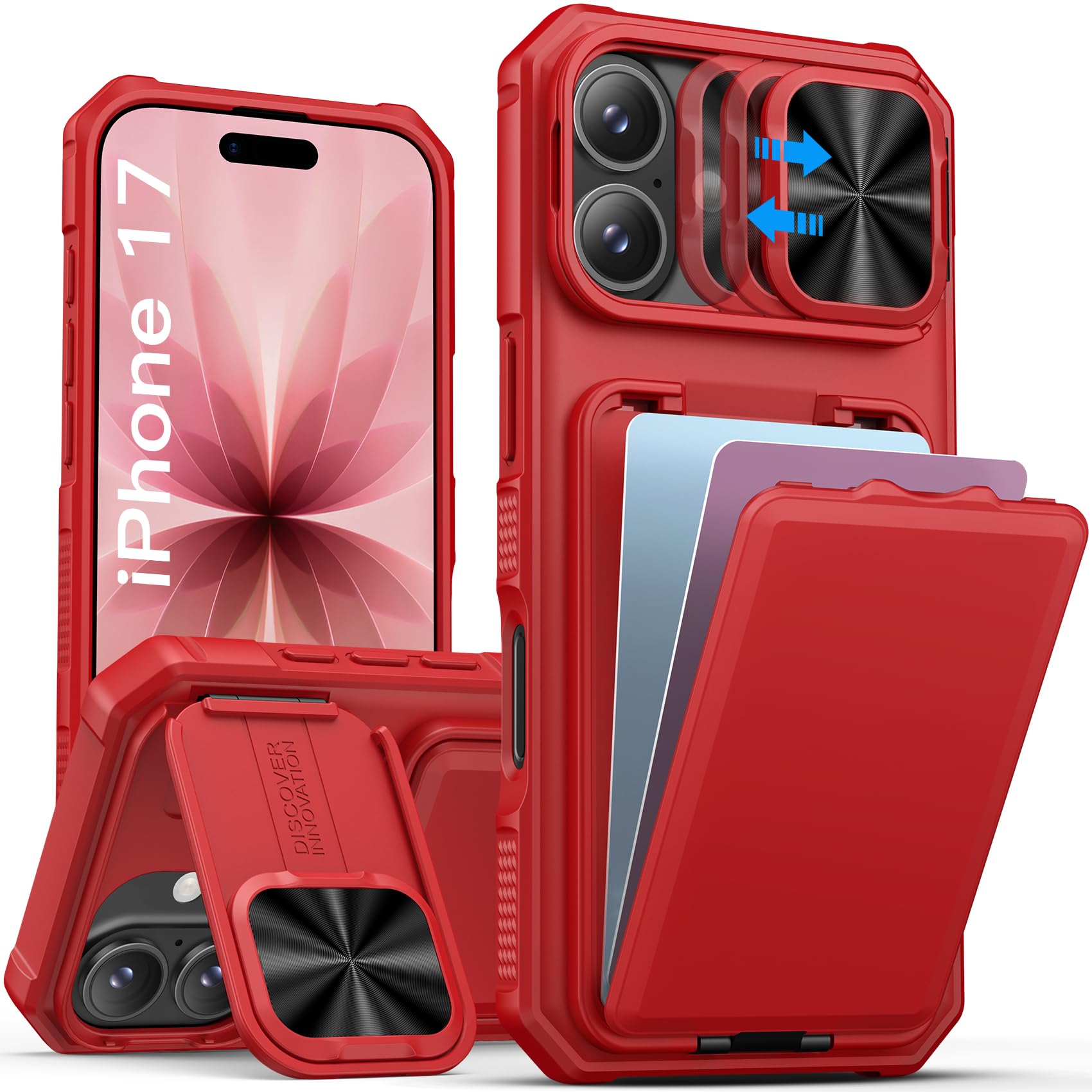 Photo 1 of SSLOTSCASE for iPhone 17 Case with Credit Card Holder & Stand & Slide Lens Cover & Kickstand, Multi-Functional Wallet TPU Soft Silicone Edge Protective Phone Case Cover for iPhone 17 6.3'' 2025, Red