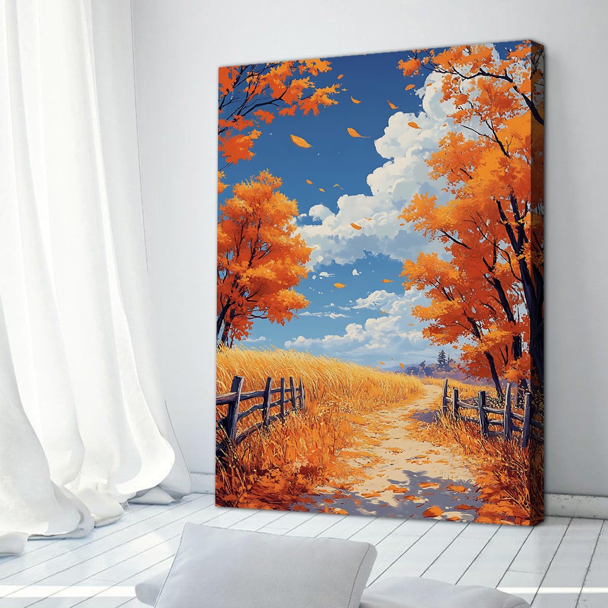 Via Vela Ciel bleu nuages toiles imprimées clôture rustique art mural d’automne sentier d’automne doré encadré affiche paysagère de champ de campagne pour l’entrée décoration de l’étude 70x110cm
