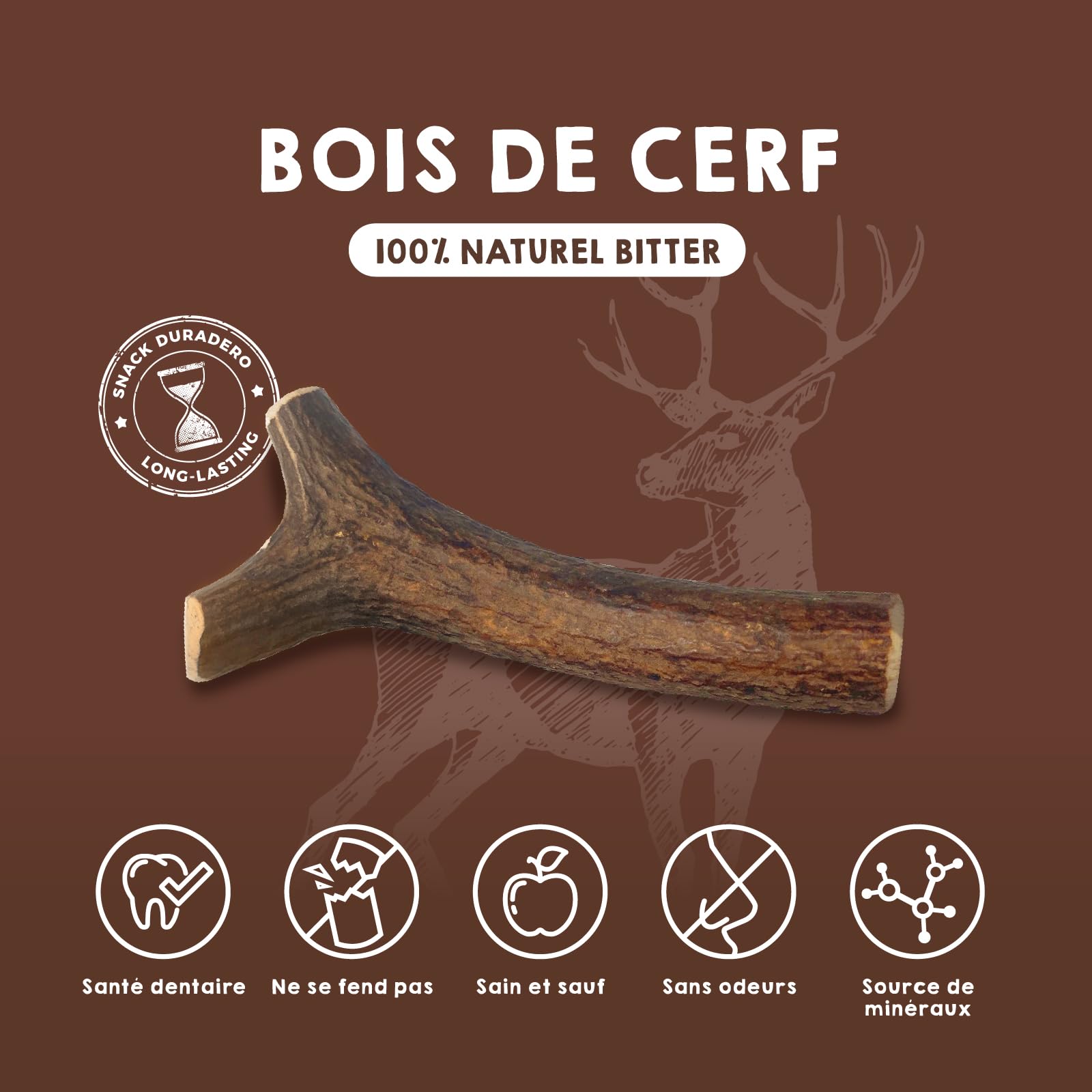Bois de Cerf pour Chien Taille L Corne Mastication Naturel Longue Durée Jouet a Macher Favorise l´Hygiéne Dentaire et Améliore Cueilli dans la Nature 21-34 kg – Maikai