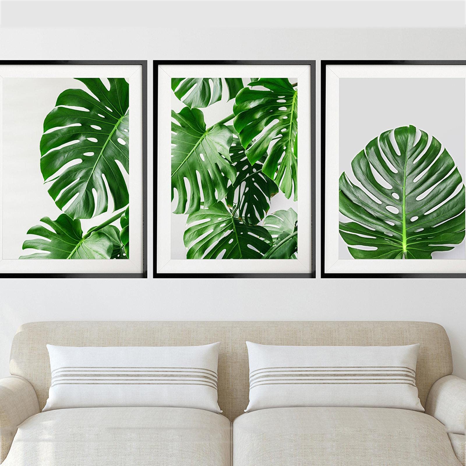 Arte de pared nórdico lienzo estampado de plantas pintura moderna decoración del hogar imagen Monstera hoja tropical cartel de planta verde (16x24in) 40x60cmx3 marco interno