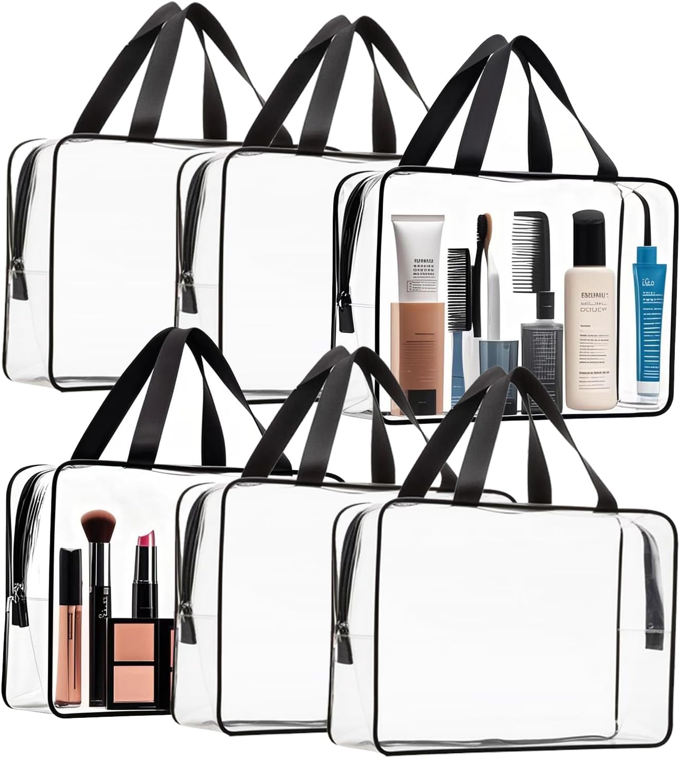 6 Pieces Large Clear Makeup Cosmetic Toiletry Bag with Zipper,Reusable Thick PVC handbags,Waterproof Transparent Plastic Storager for Vacation Travel,Bathroom