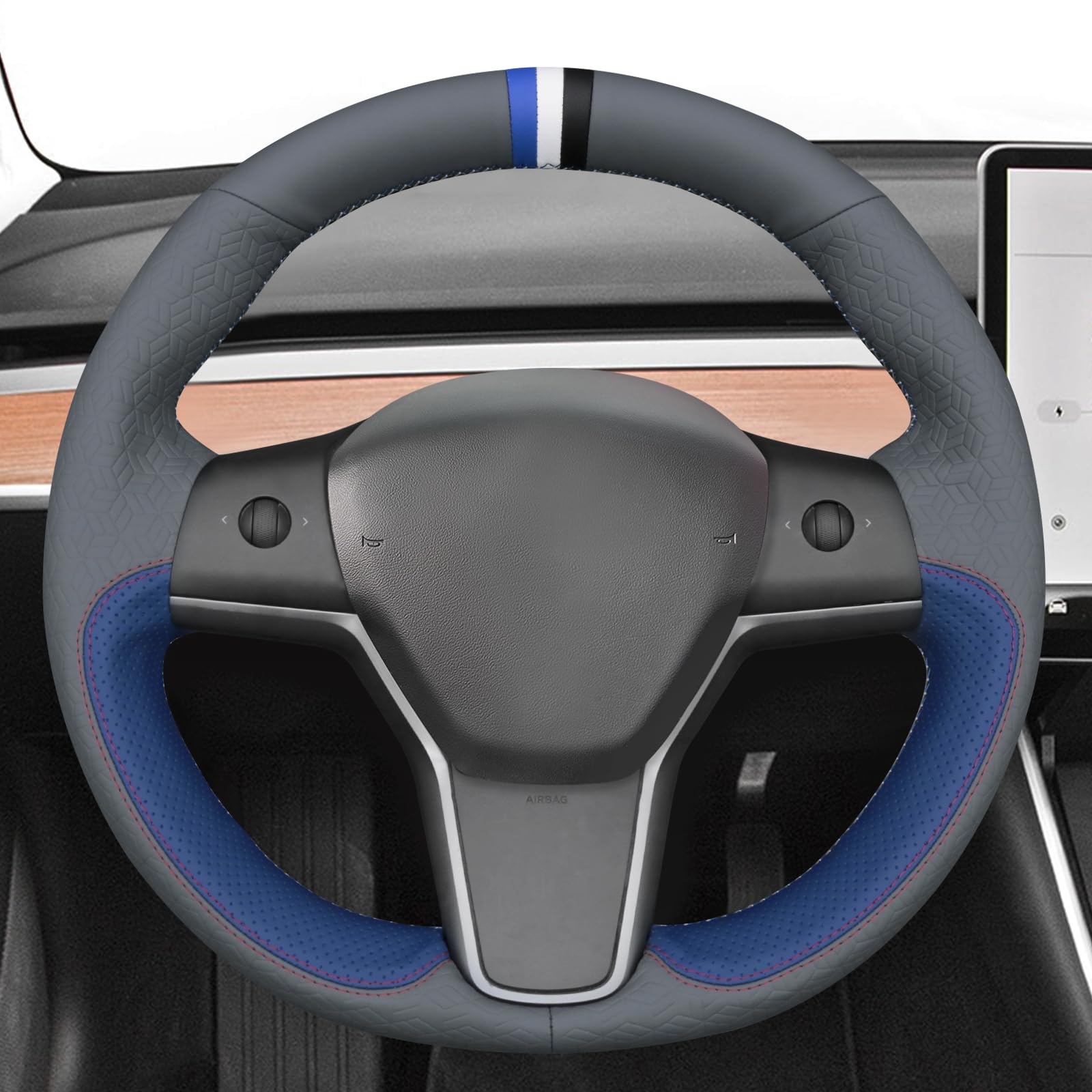 MEWANT Housse de volant cousue à la main pour Tesla Model 3 2017-2023/Model Y 2020-2023 pour Tesla Model 3/Y Accessoires