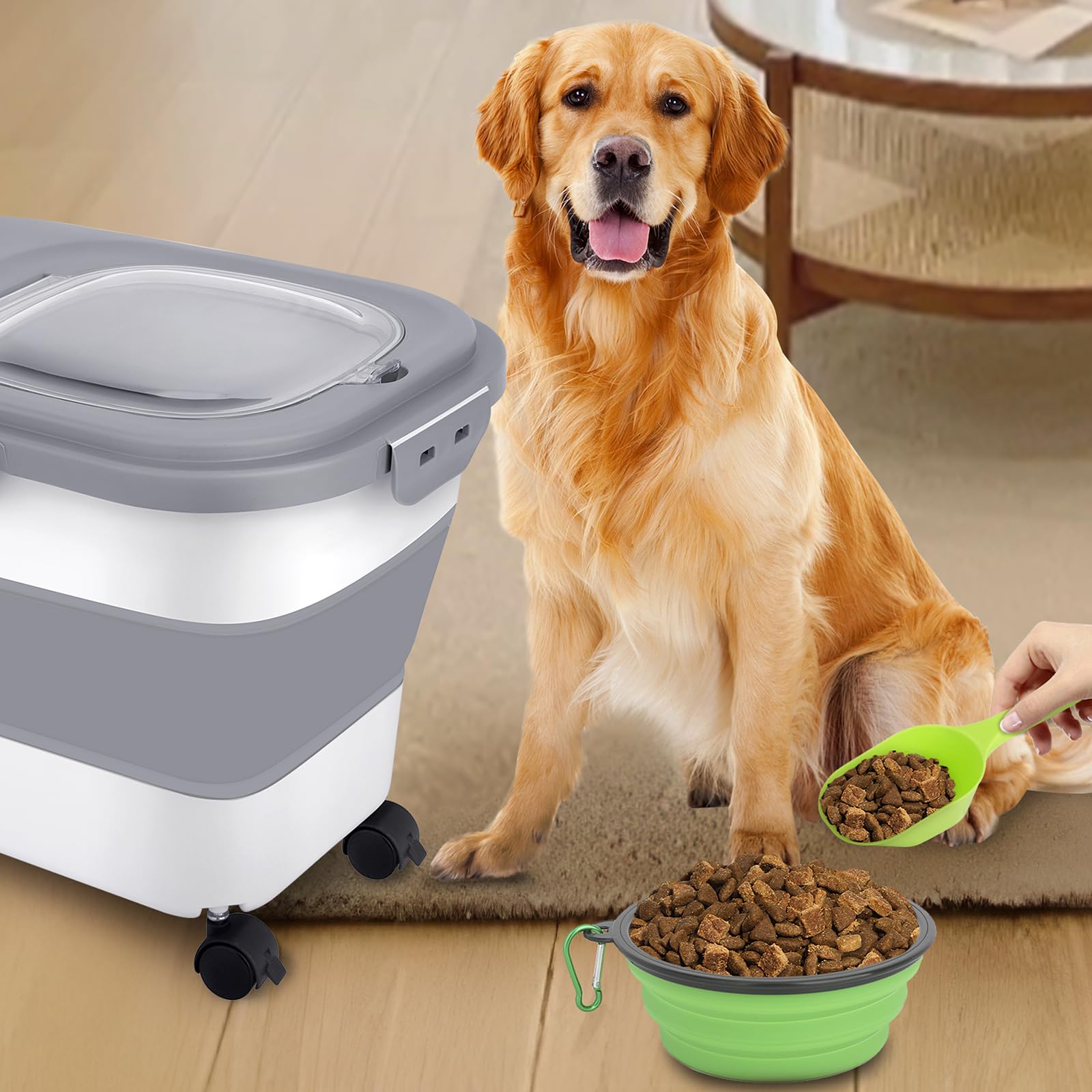 Hundefutter Aufbewahrung 7-10kg Faltbarer mit Rädern Schaufel Messbecher Hundefutternapf Futtertonne Hund Uftdicht Box Futterbox