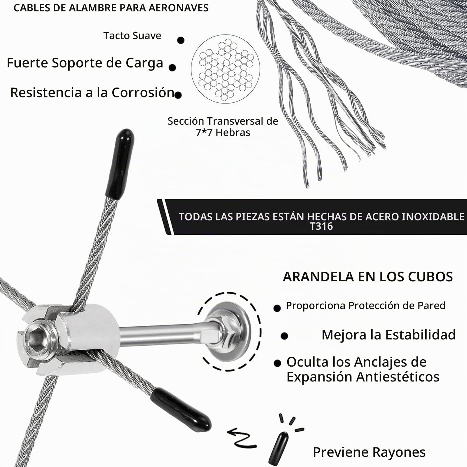 Enrejado de Acero Inoxidable para Plantas trepadoras, Kit de Enrejado de Alambre de Acero Inoxidable, con Soportes de Pared y Cable de Acero de 3 mm (16 Soportes, 24 m de Cuerda)