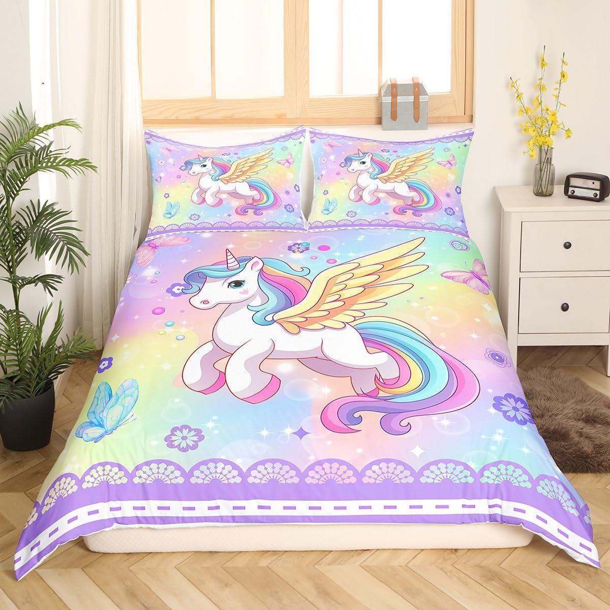 Feelyou Unicorn Bedding Set for Kids Butterfly and Flower Comforter Cover Set King Size Multicolor Unicorn Duvet Cover Bedroom Decor Rainbows Purple Galaxy Bedspread Cover Bedding Collection 3Pcs