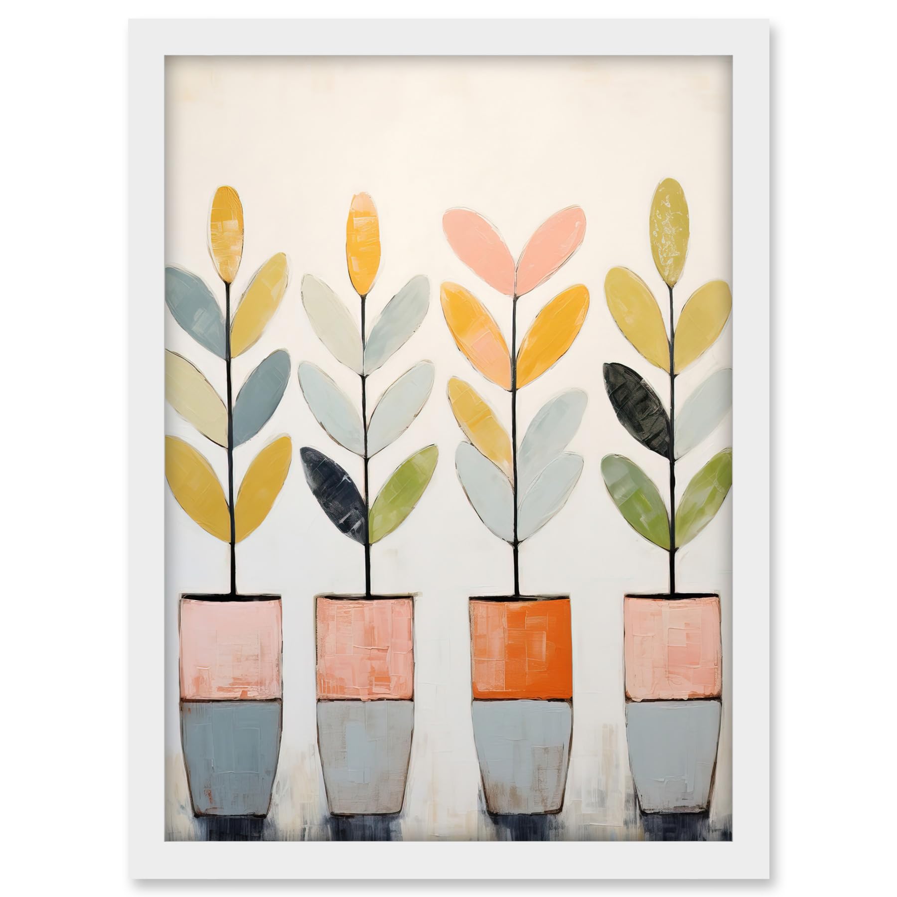 Artery8 Plant Pots Simple Pastel Colour Oil Painting Bright Pink Green Blue Boho Artwork Framed A3 Wall Art Print