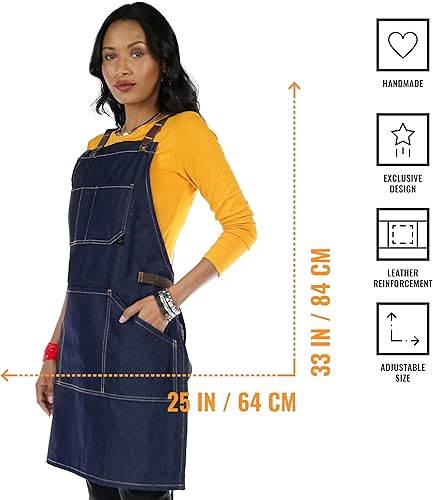 Miniatura 3 de Under NY Sky Essential Blue Denim Delantal Espalda cruzada con refuerzo de cuero Ajustable para hombres y mujeres Pro Chef, tatuador, panadero