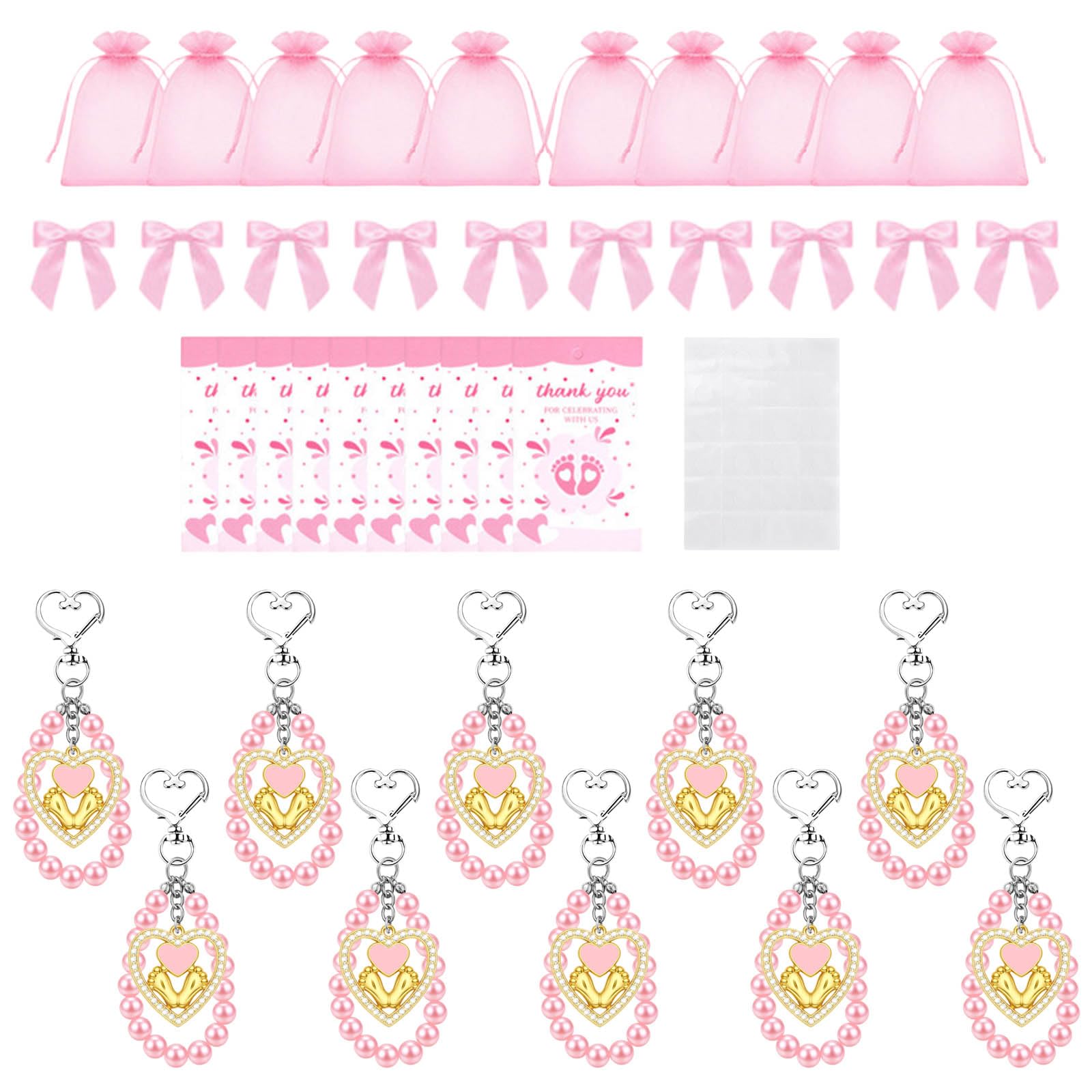 WGBOSMG 10Pcs Adorable Baby Gender Announcement Party Present Includes Heart Shape Footprint Pendant Keychain Organza Bag Ribbon Bowknot Gender Announcement Party Bonuses