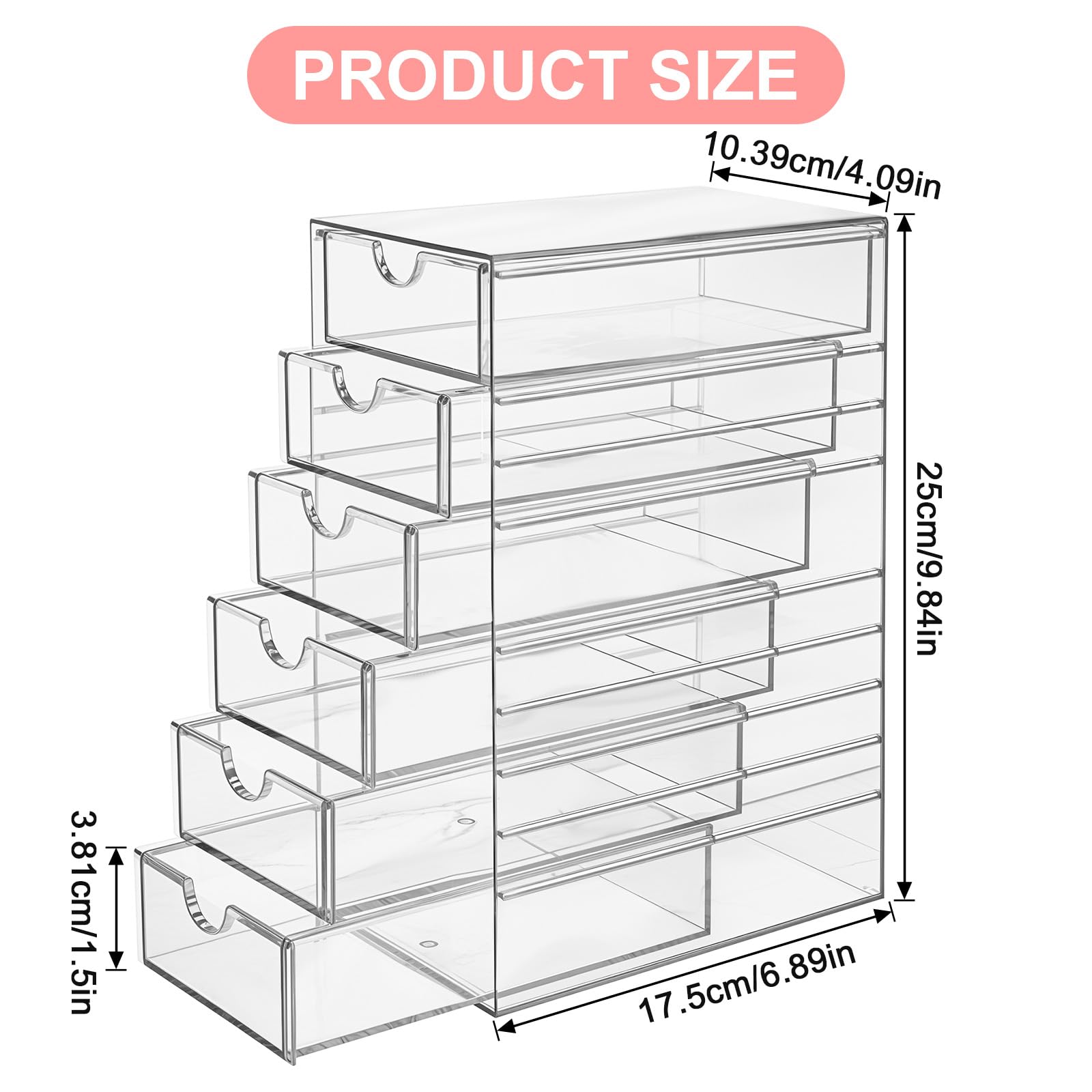 HOFURME Hair Accessories Organizer, Clear Hair Organizer Storage Box with 6 Drawers Hair Tie Holder Container Storage Organization for Bathroom Closet Desk Office (6 Drawer)