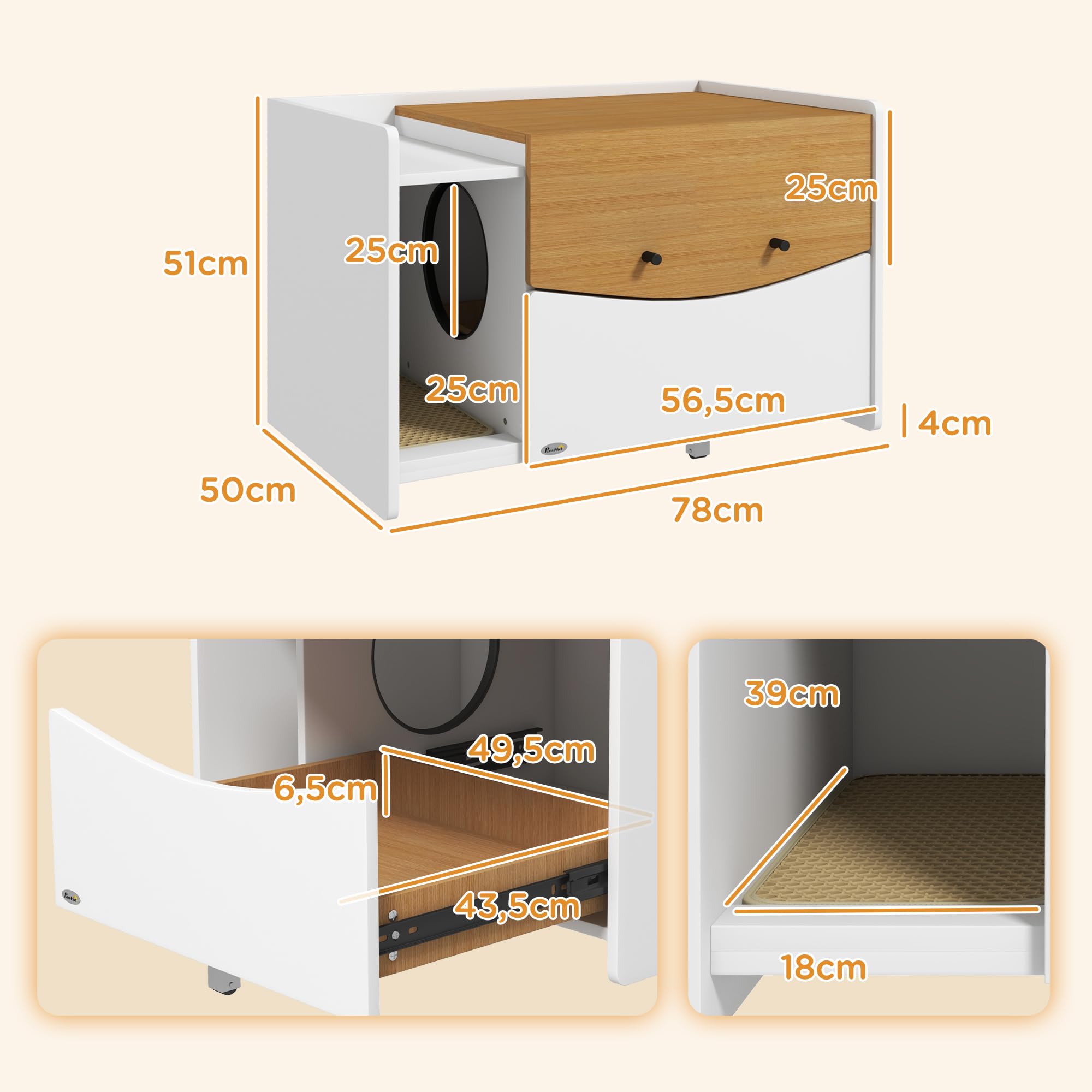 PawHut armadietto per gatti per lettiera, armadietto per lettiera con mobile estraibile, tappetino per la raccolta della lettiera, casetta per gatti da interno, 78 x 50 x 51 cm, rovere | Armadietto per gatti, lettiera nascosta con armadio estraibile, tapp