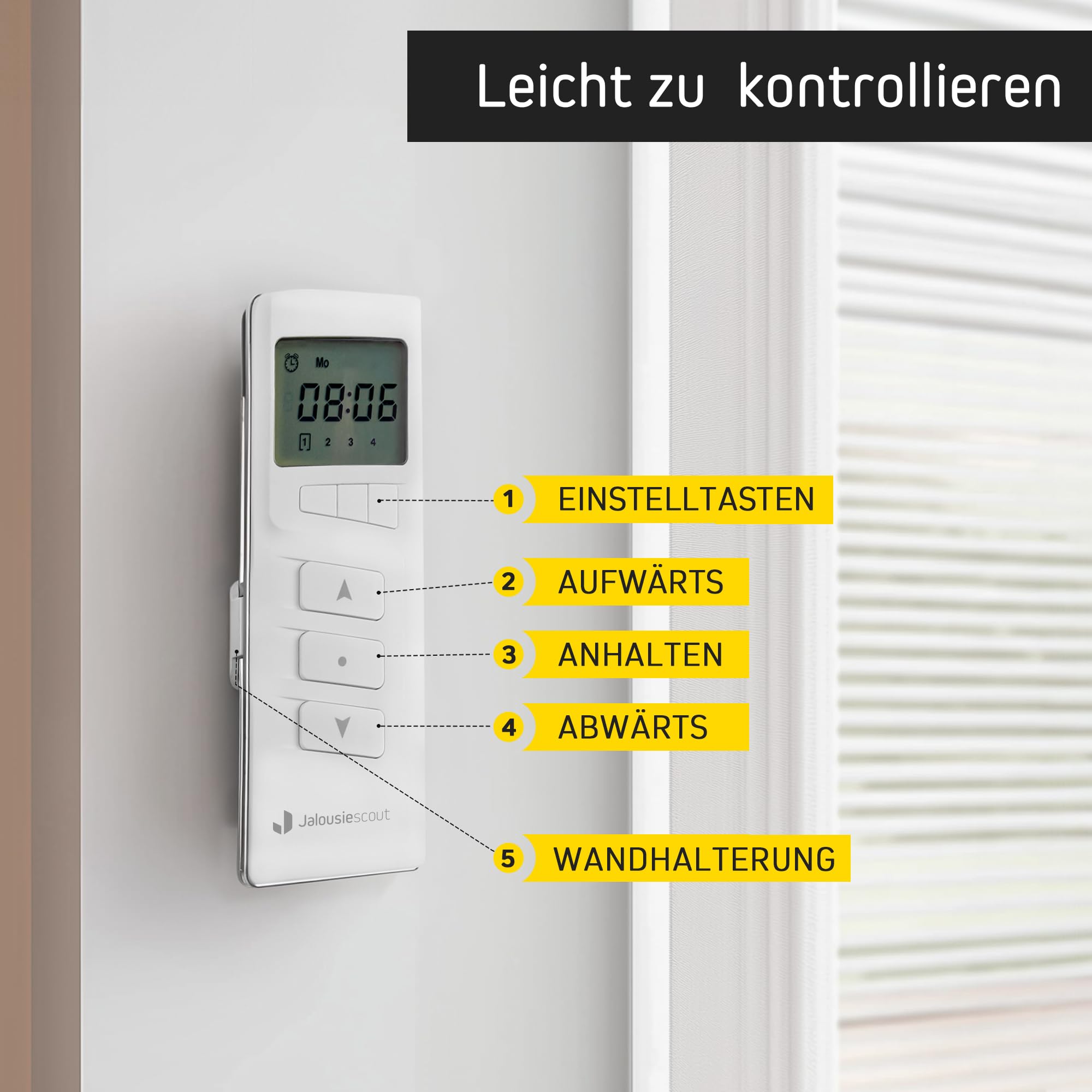 Jalousiescout Elektronischer Funk-Rollladenmotor MK 20/17 Zugkraft 20 Nm 42 kg SW60 mit Thermoschutz Plus 4-Kanal Handsender Timer MKT 04 mit integrierter Zeitschaltuhr, inkl. Wandhalterung