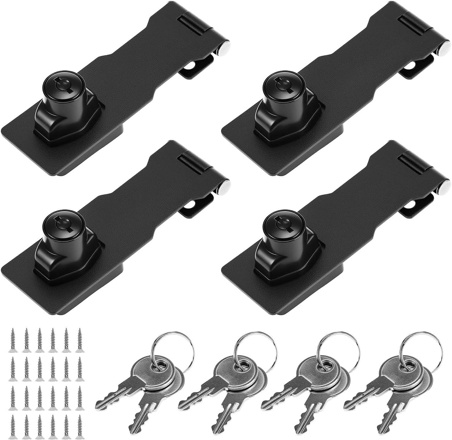 QWORK Keyed Hasp Locks, 4 Pack, 4 inch Black Door Locks with 24 Mounting Screws and 8 Keys, Durable Zinc Alloy Material, Strong and Corrosion Resistant, Easy Installation