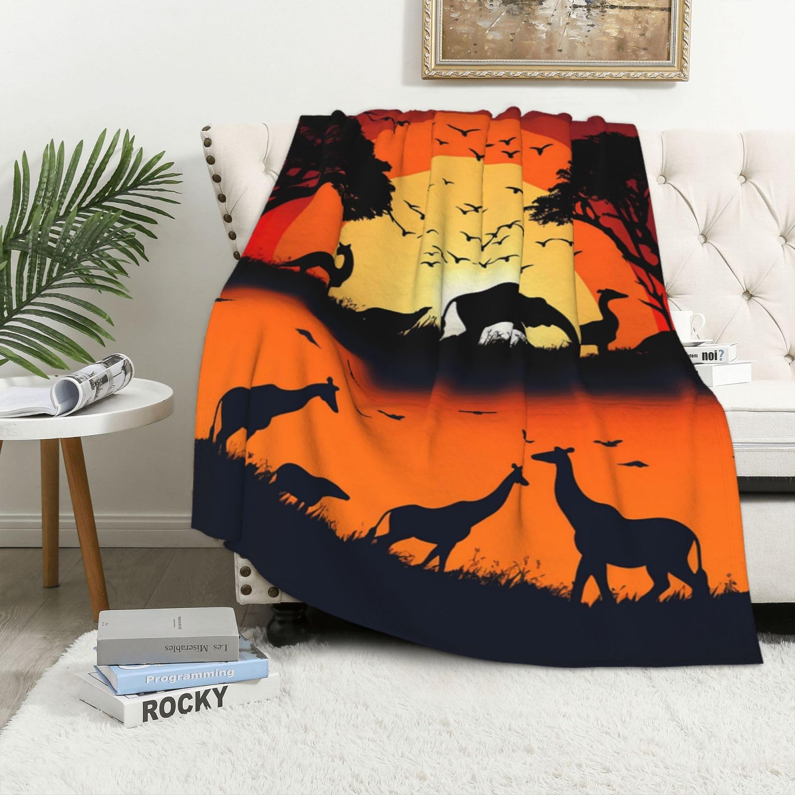 Jeté de canapé design coucher du soleil couverture polaire réversible pour soirées cocooning