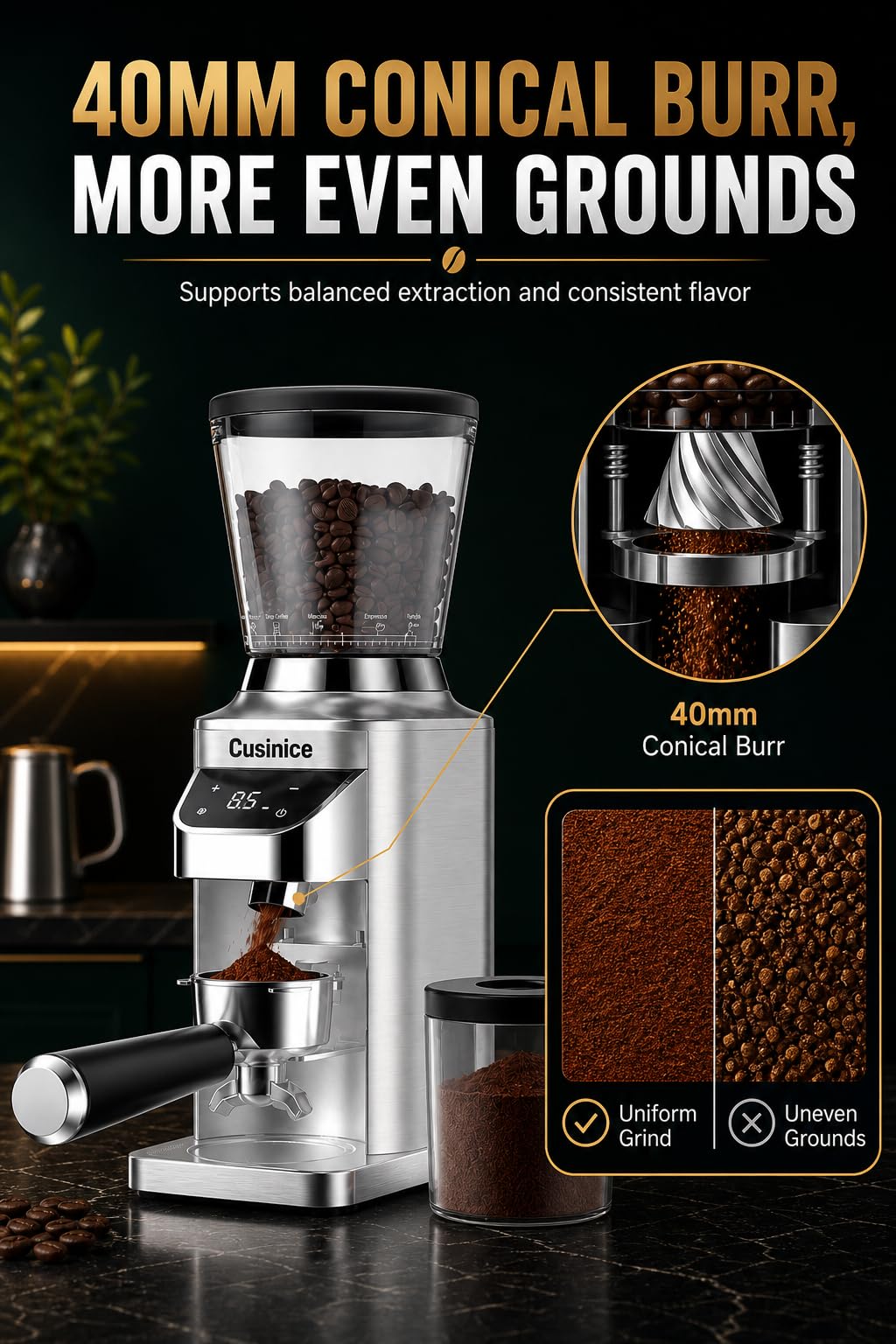Molinillo de café expreso, 48 ajustes de molienda precisos, rebaba antiestática de acero inoxidable de 40 mm, temporizador electrónico de 0.1 s, tolva de granos de 11.5 onzas, molinillo de café cónico