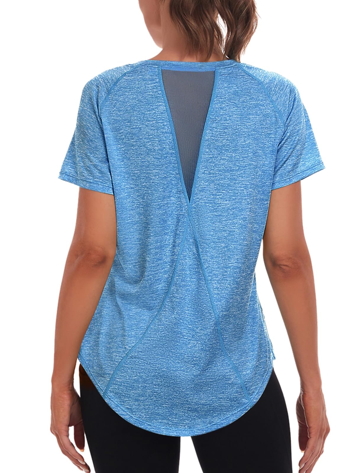 Beuwltpa Women's Long Workout Tops,Short Sleeve Dry-Fit Mesh Open Back Loose Fit Gym Athletic Running Shirts Exercise Tee