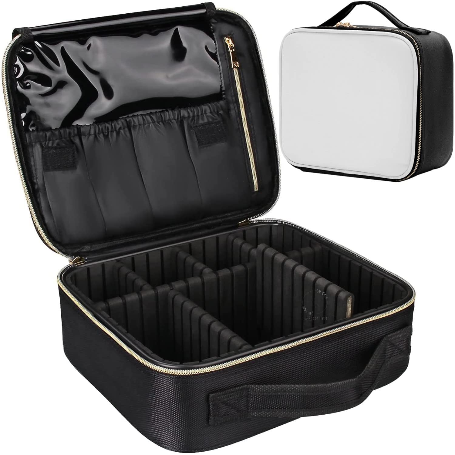 LACOPINE Travel Professional Cosmetic Bag Makeup Case Organizer For Women | Portable Artist Storage Makeup Brush Bag With Adjustable Dividers (Black & White, 10 Inch (1 Layer))