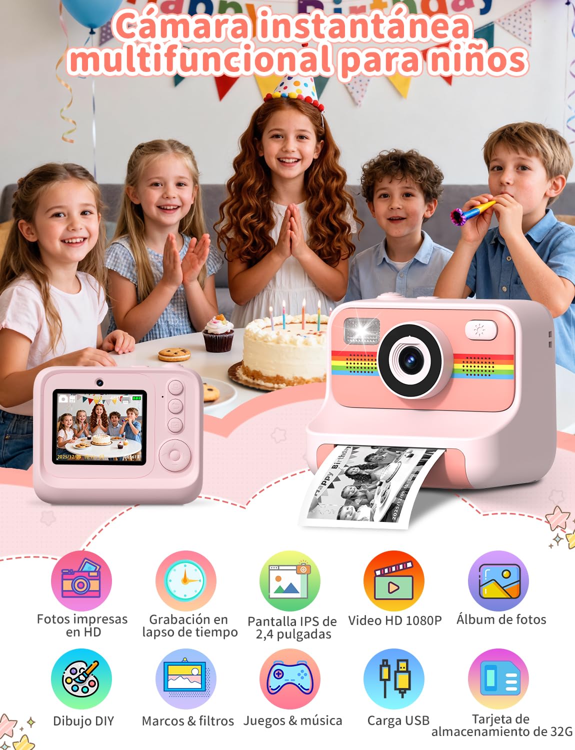 LIORQUE Camara Fotos Infantil Instantanea, 2.4'' HD 1080P Camara de Fotos Instantaneas con Tarjeta de 32G y Papel de Impresión, Bolígrafos de Colores DIY, Regalo para Niños de 3 a 12 Años (Rosa)