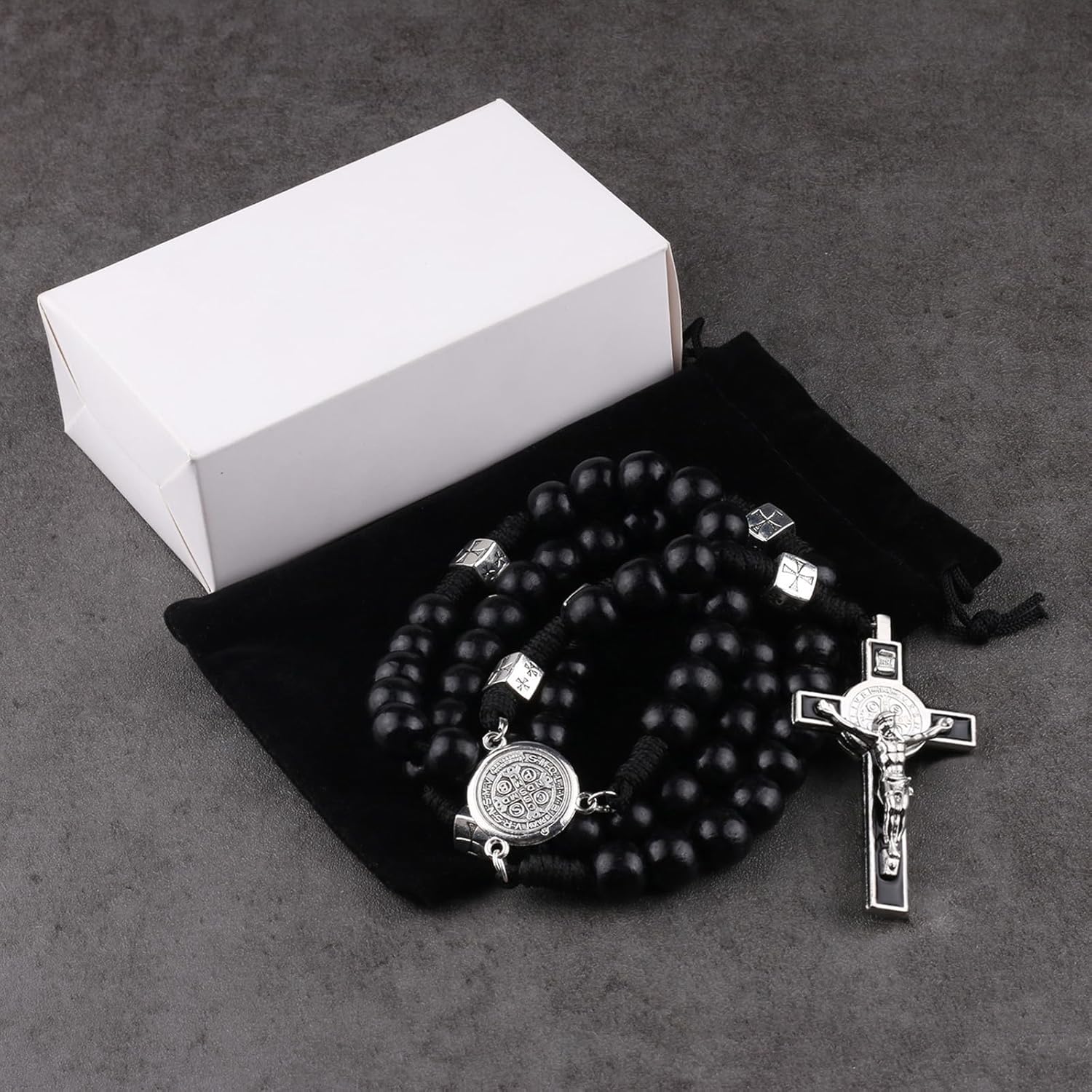 12mm Black Wood Beads Rosary with St.Benedict Metal Center Piece Necklace 21inch with Medal Crucifix for Men - Image 2