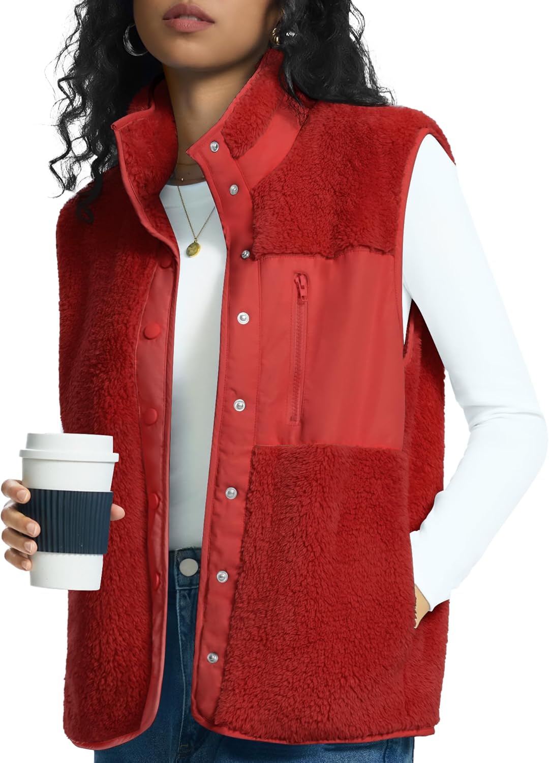 Rapbin Vests for Women Lightweight Stand Collar Sherpa Fuzzy Fleece Vest Buttoned Sleeveless Jackets with 3 Pockets