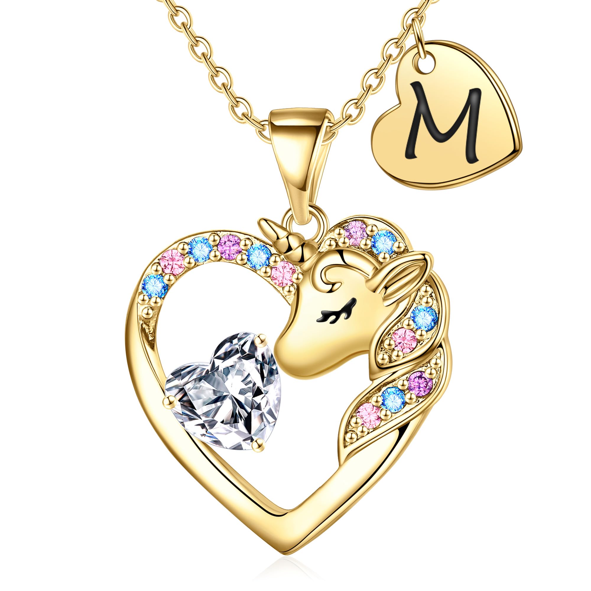 TINGN Einhorn Geschenke für Mädchen - Einhorn Halskette für Mädchen 14 Karat Vergoldet Einhorn Kette Kinder Herz Halskette mit Buchstaben Kette Mädchen Schmuck Geburtstagsgeschenk für Tochter