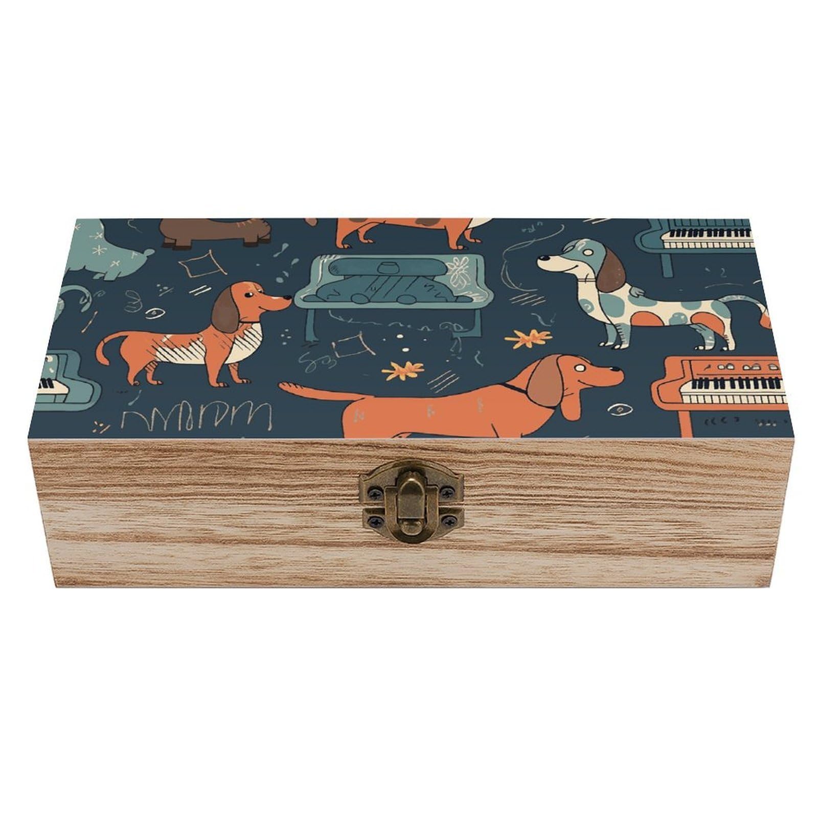 FWJZDSP Wooden Storage Box Dachshund And Piano Wood Gift Box with Hinged Lid Vintage Decorative Jewelry Boxes Memory Box for Jewelry Art Hobbies Home Storage Treasure Keepsake Gift 7.9''x3.9''x2.3''