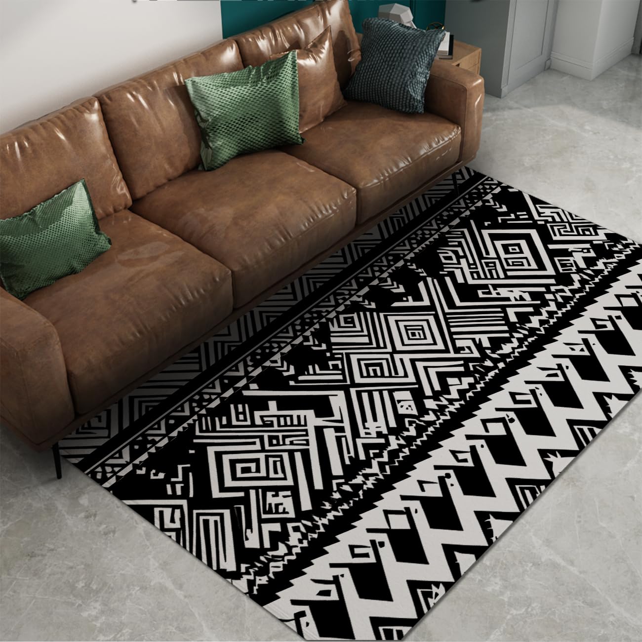Czarno-białe dywaniki zmywalne do salonu Western Tribal Design Antypoślizgowy geometryczny dywan z niskim włosiem do biura domowego 100 x 150 cm