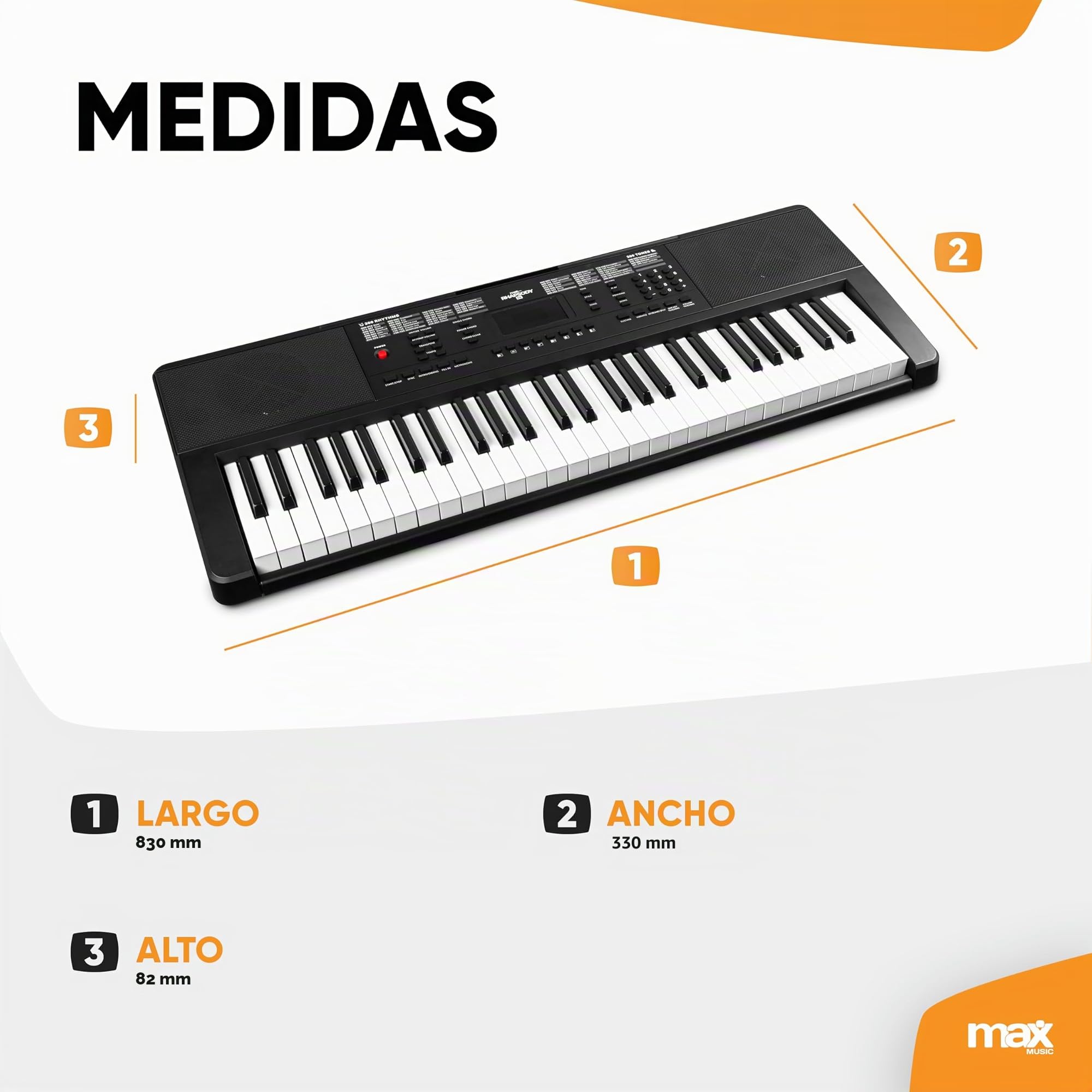 MAX Rhapsody54 - Piano eléctrico de 54 teclas para principiantes, teclado con función de aprendizaje, pantalla, 50 canciones de demo, 300 sonidos, 8 percusiones, altavoces, soporte de teclado y atril