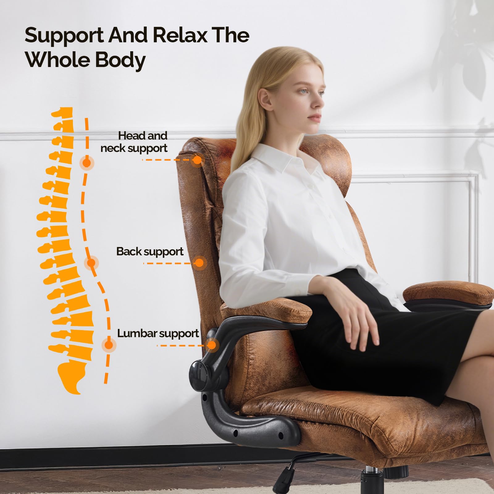 Bonnlo Ergonomischer Bürostuhl, Schreibtischstuhl mit hochklappbarer Armlehne, Computerstuhl, Drehstuhl, Wippfunktion 105°-120°, Höhenverstellbar, Drehbar, 150KG Belastbarkeit (Mikrofaser, Braun)