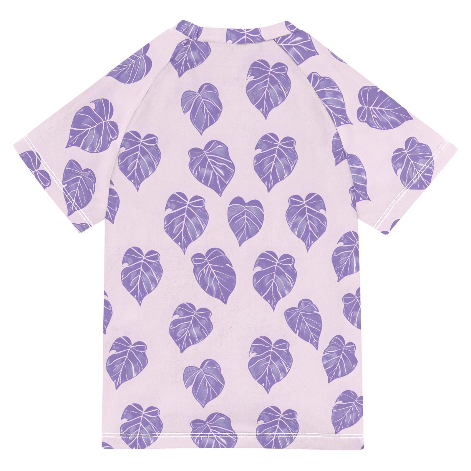 ALAZA Boys Swim Shirt Short Sleeve Rash Guard for Boys Girls UPF 50+ Purple Leaves 9-10T