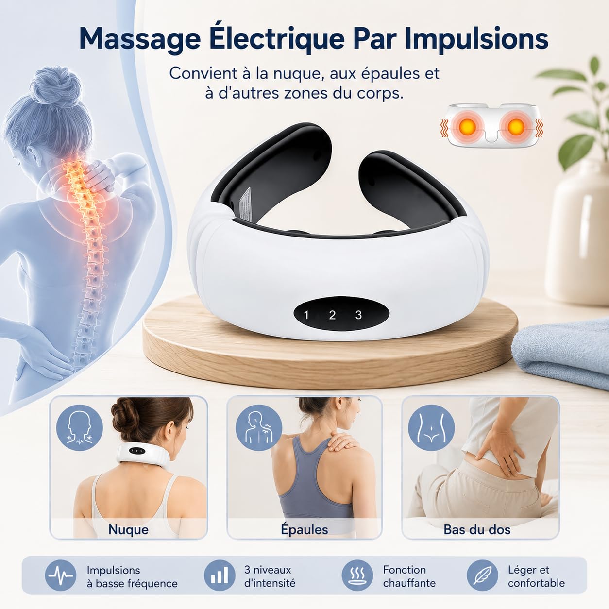 MASSEUR Masseur Cervical Électrique Chauffant, Appareil de Massage Cervical Rechargeable USB, 6 Modes et Intensité Réglable, pour Cou et Épaules, Maison Bureau Voyage