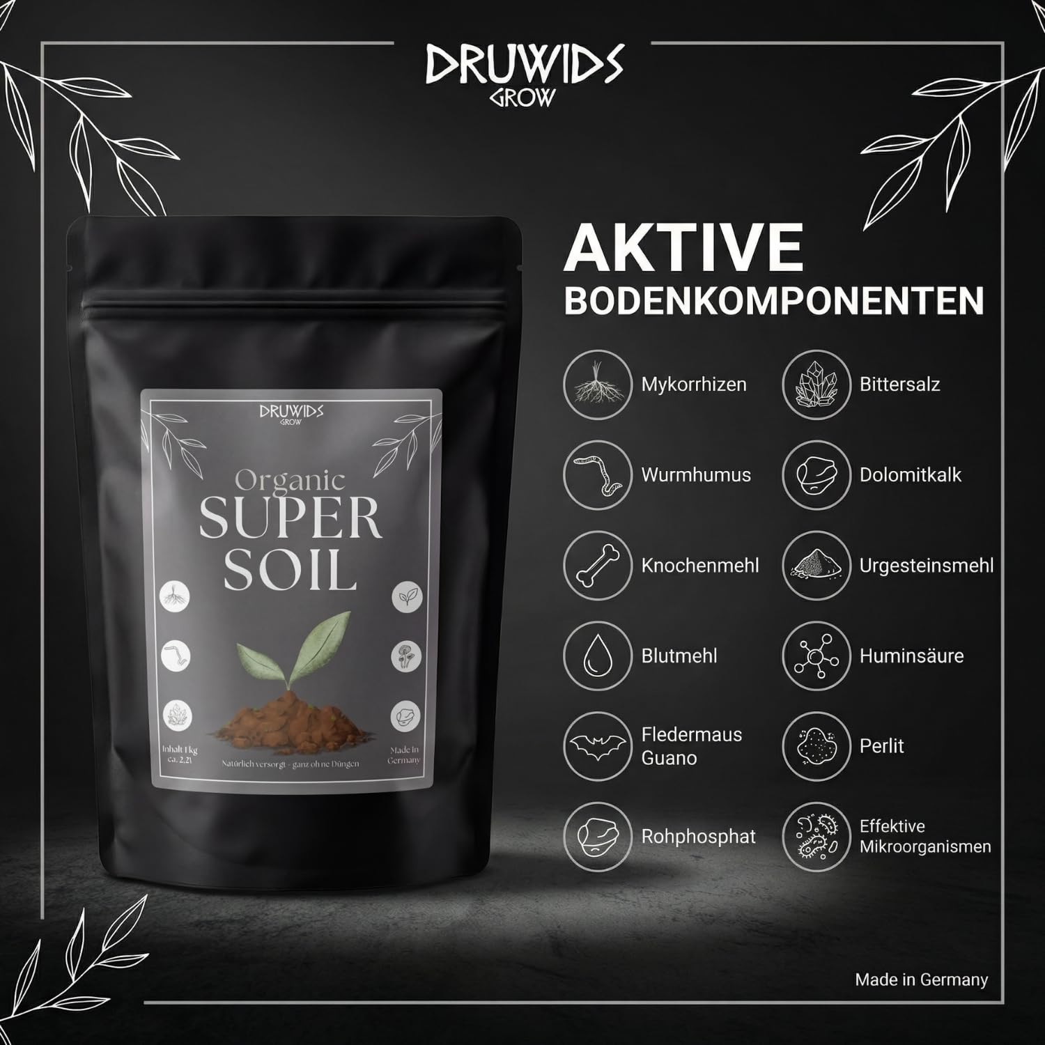 Super Soil Living Grow & Blüte Druwids Erde 1KG Perlit, Wurmhumus, Mykorrhiza NPK Dünger als Anzuchterde oder Dünger für Starkzehrer, Pflanzen und Samen Growerde Zubehör Set mit Wurzelaktivator