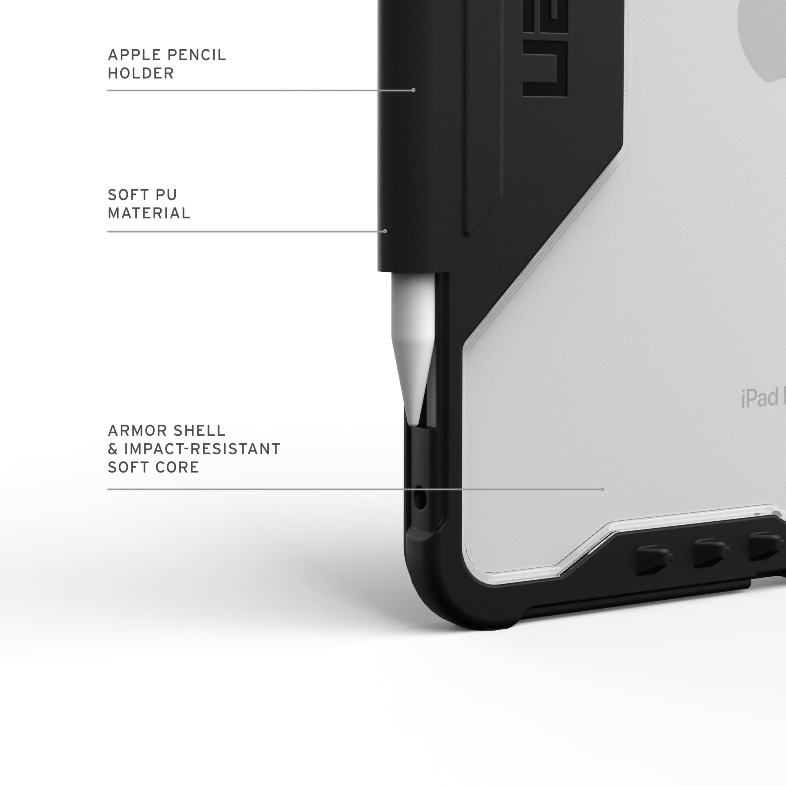 URBAN ARMOR GEAR Progettata per iPad Pro 11 (5a generazione, 2024, M4), robusta custodia protettiva a portafoglio con supporto regolabile multi-angolo e portamatite Plyo LT ghiaccio/nero