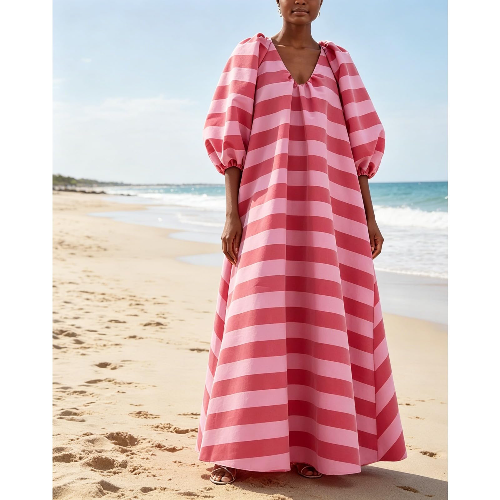 Maxi abito da donna a maniche a sbuffo a righe casual con stampa a mezza manica abito lungo con tasche