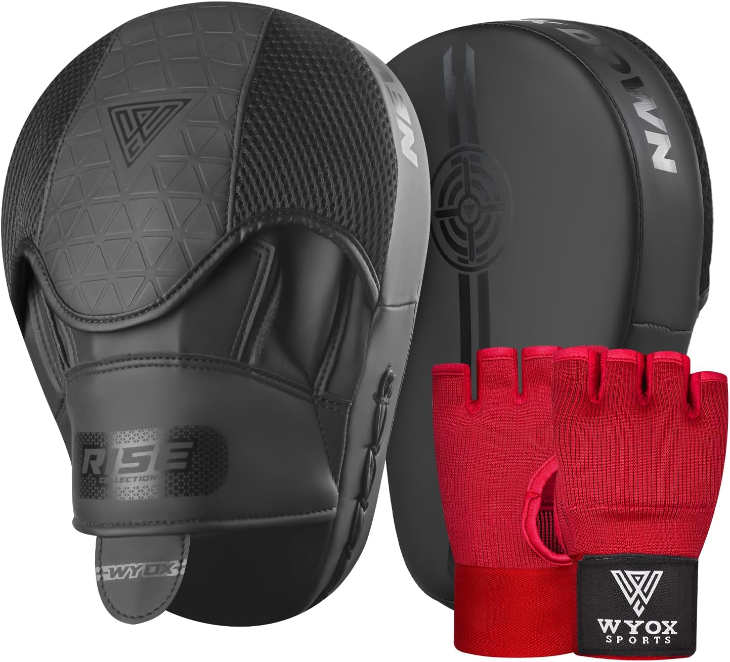 WYOX Boxing Focus Pads & Gel Inner Gloves Set – Premium Punch Mitts & Hand Wraps Training Gear for Boxing, Kickboxing, MMA, Muay Thai, Karate, Martial Arts, Sparring, Fitness, Gym, Home Workouts & Par