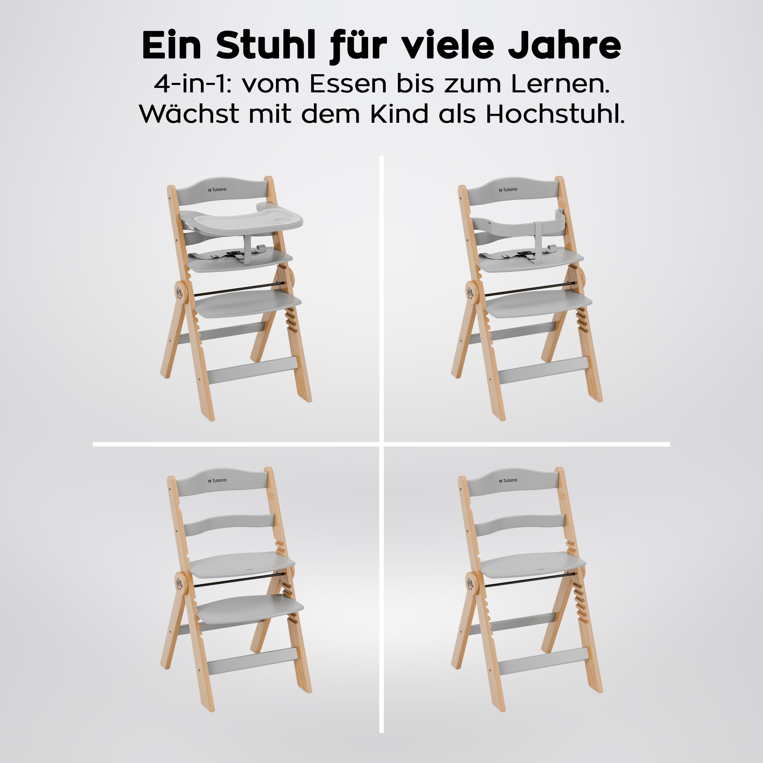 Tulano Morsel 45 Babyhochstuhl 4in1 aus Holz - Klappbar & mitwachsend | 3-Punkt-Gurt - Schutzbügel - Essbrett spülmaschinenfest - Rutschfeste Füße - 6 Monate bis 12 Jahre - Bis 40 kg - Grau