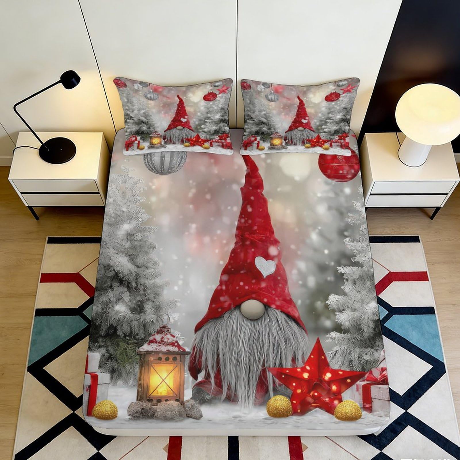 Pnayamiorkfel Style-2 3D Printed Christmas Gnome Fitted Sheet Microfiber Soft Festive Winter Forest Bed Cover For Bedroom Guest Room Decor 90X200x25cm