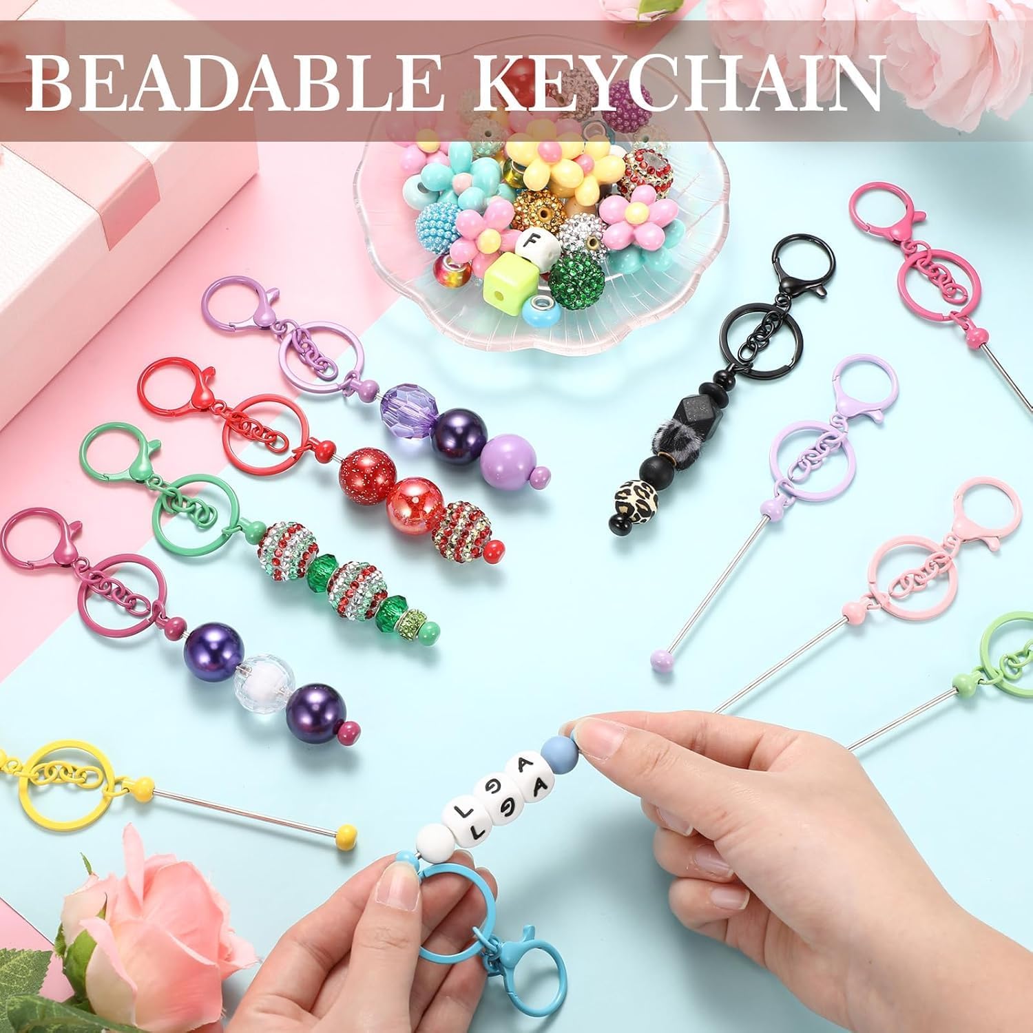 12Pcs Metal Beaded Keychains for Beads Beadable Keychain Bars Blanks Bead Keychain Bar for DIY Crafts Gift image 5