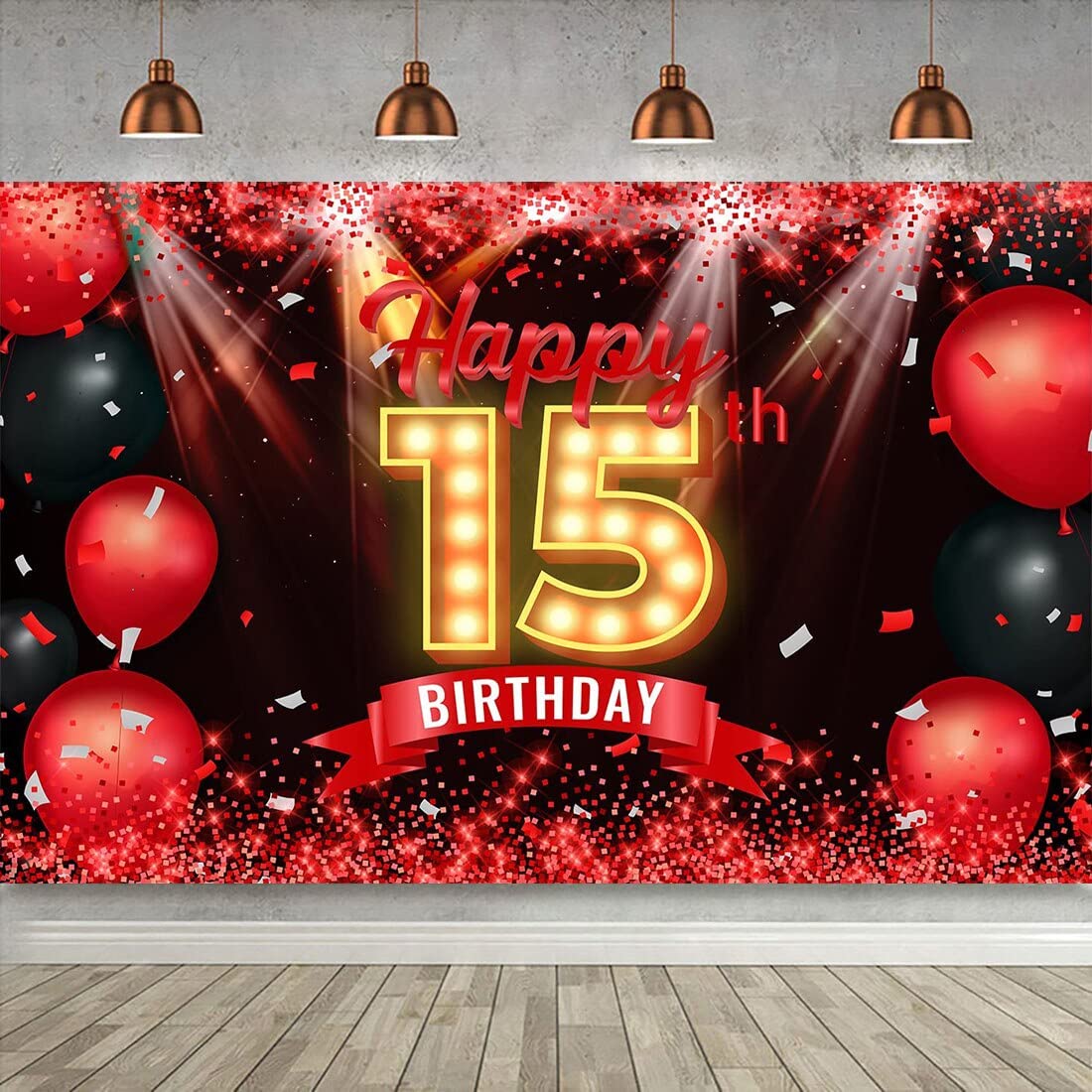 Happy 15th Birthday Party Cake Banner Pography Tło czerwone i czarne 15-letnie tło urodziny dekoracje dla dziewcząt chłopców