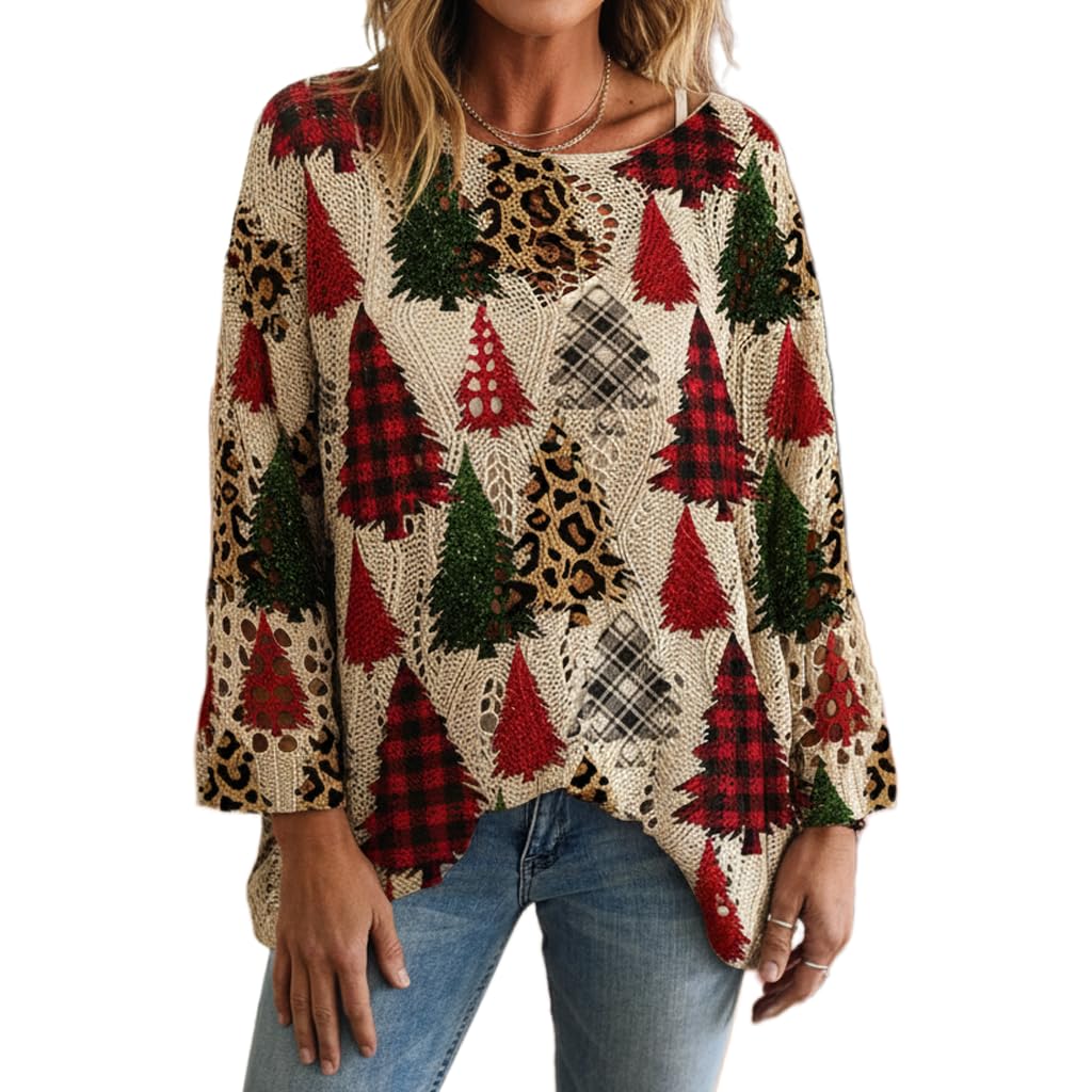 Womens Christmas Boat Neck Sweater Snowman Printed Crochet Lace Batwing Sleeve Drop Shoulder Knit Top